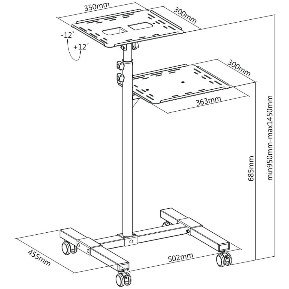 Diagramm eines mobilen Ständers. Abmessungen sind angegeben. Ständer hat Räder und verstellbare Ebenen.