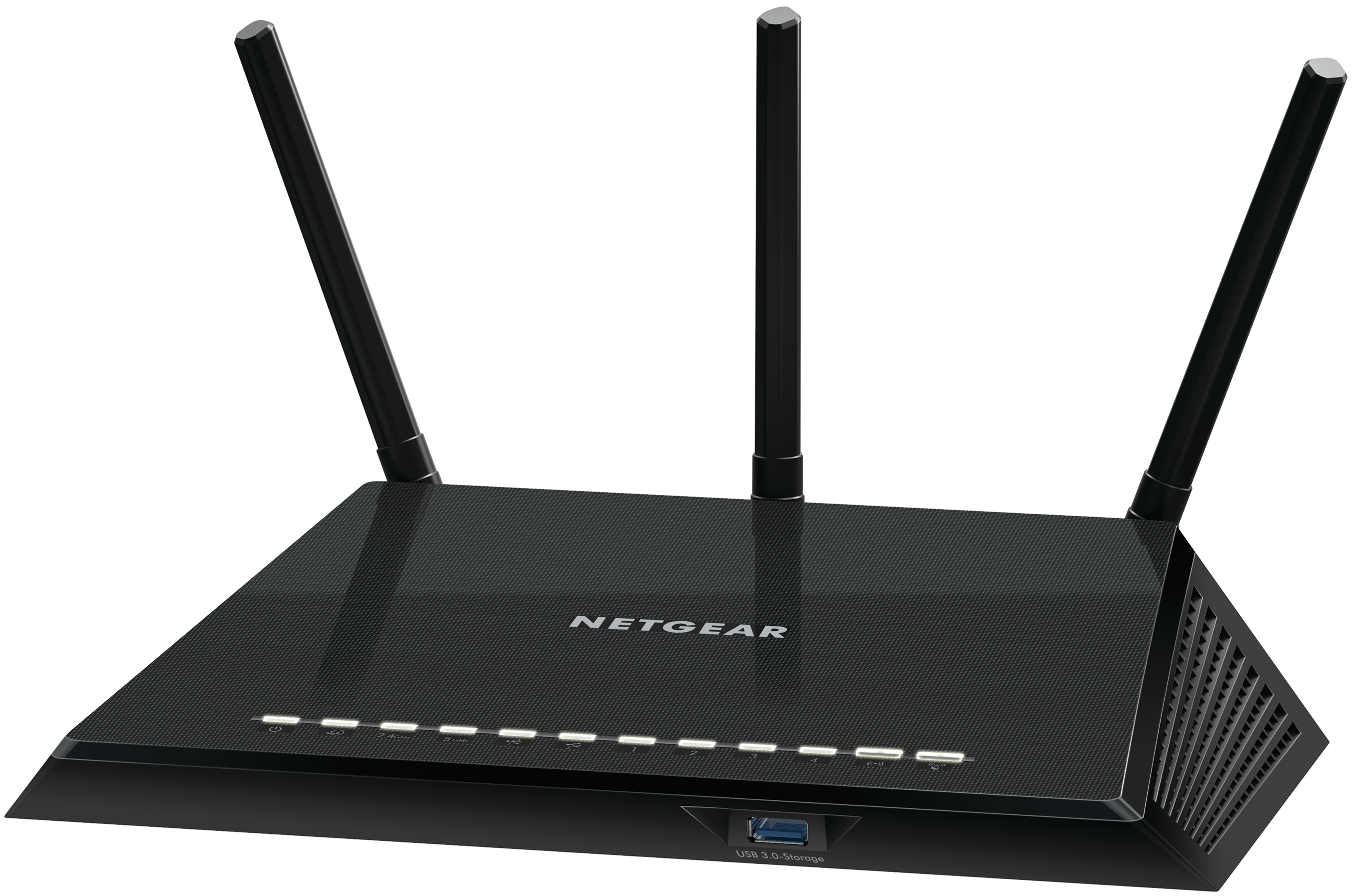 Czarny router Netgear z trzema antenami, portem USB i diodami LED na białym tle.