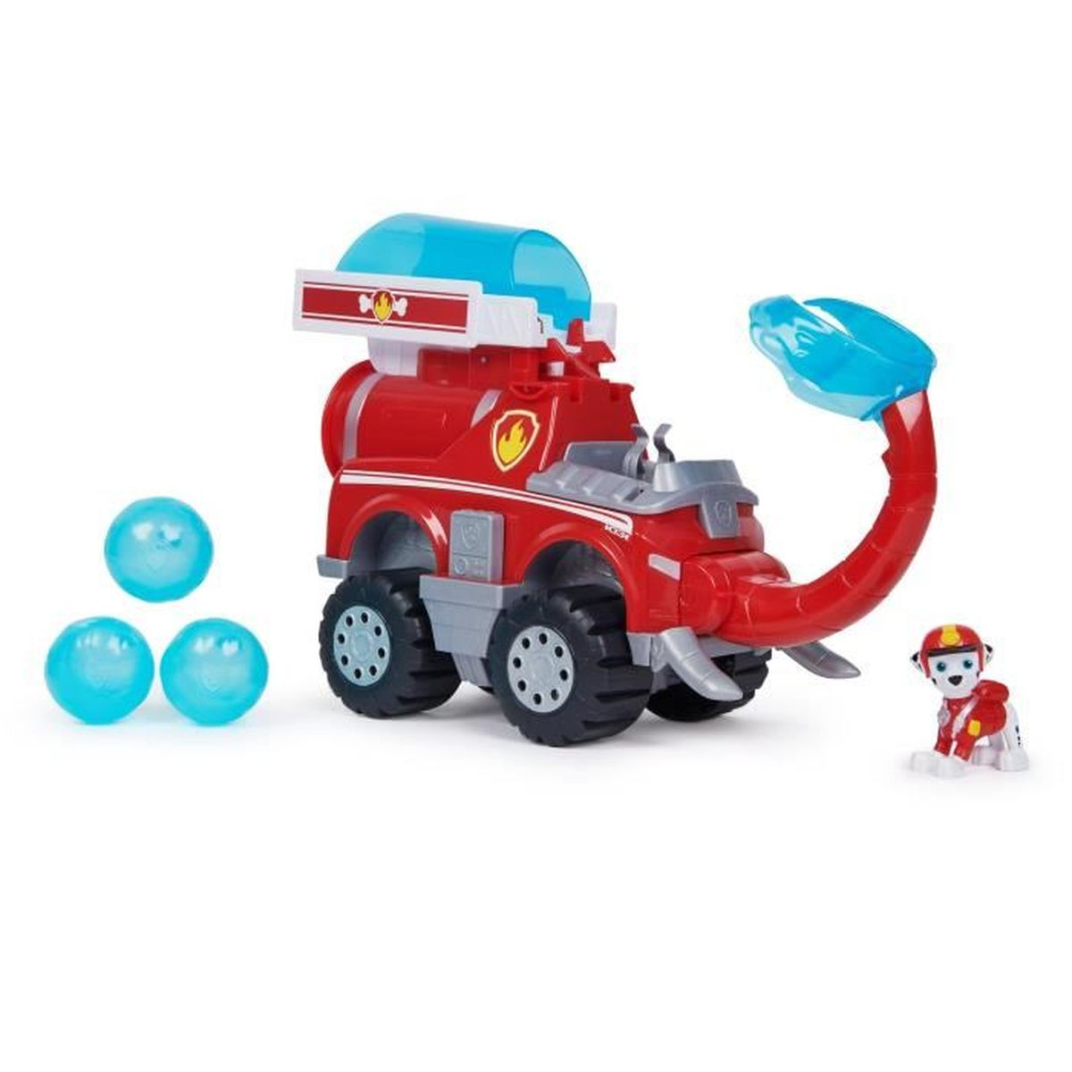 Ein roter Spielzeug-Feuerwehrwagen mit einer blauen Wasserkanone, blauen Bällen und einem Spielzeughund.