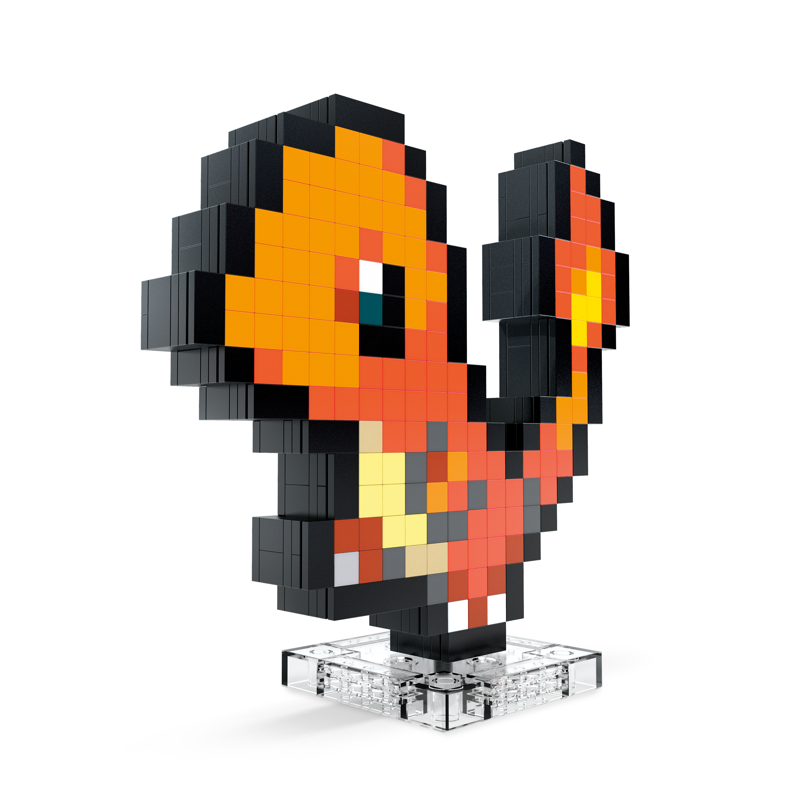 Figurine Pokémon pixelisée orange et noire sur un socle transparent.