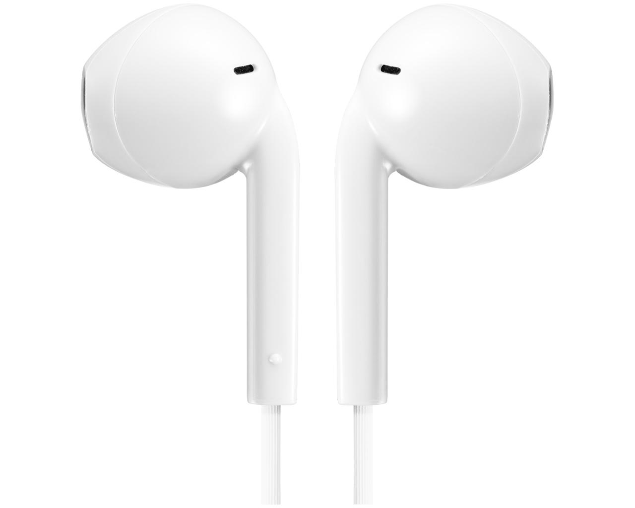 Dwa białe słuchawki, zbliżenie na białym tle. Każda słuchawka ma czarną kropkę.