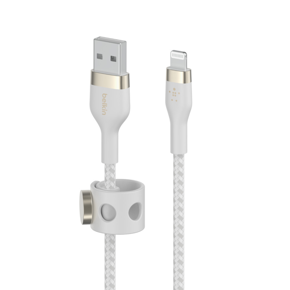 Biało-szary kabel USB do Lightning z uchwytem. Znajduje się na białym tle.