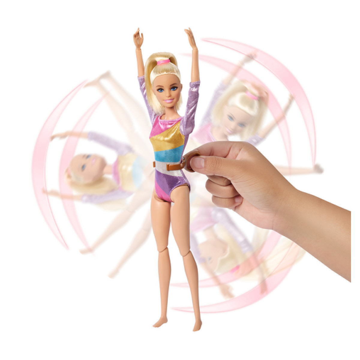 Lalka Barbie z uniesionymi ramionami. Lalka ma blond włosy i nosi strój gimnastyczny.