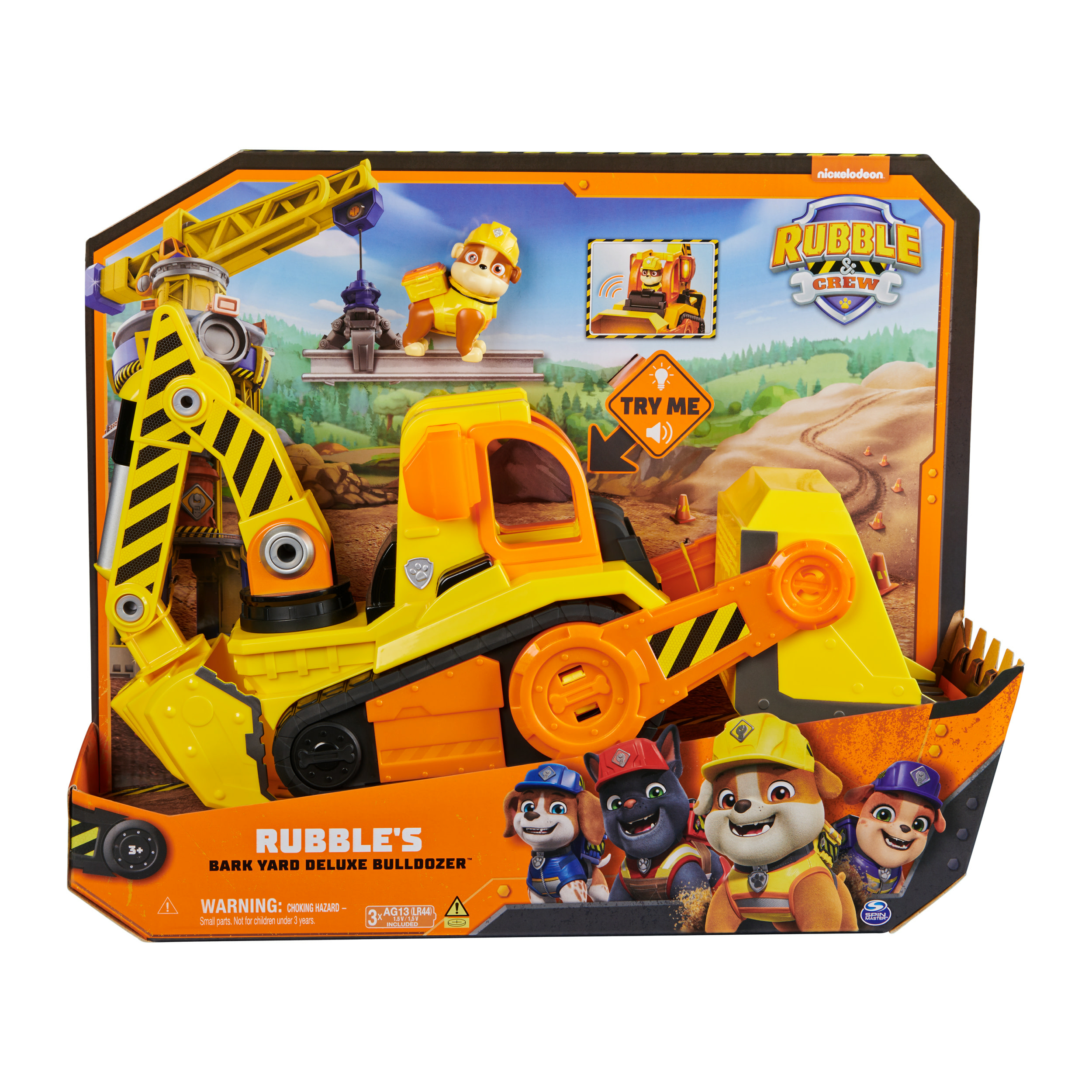 Ein Rubble's Bark Yard Deluxe Bulldozer Spielzeugset in seiner Verpackung.