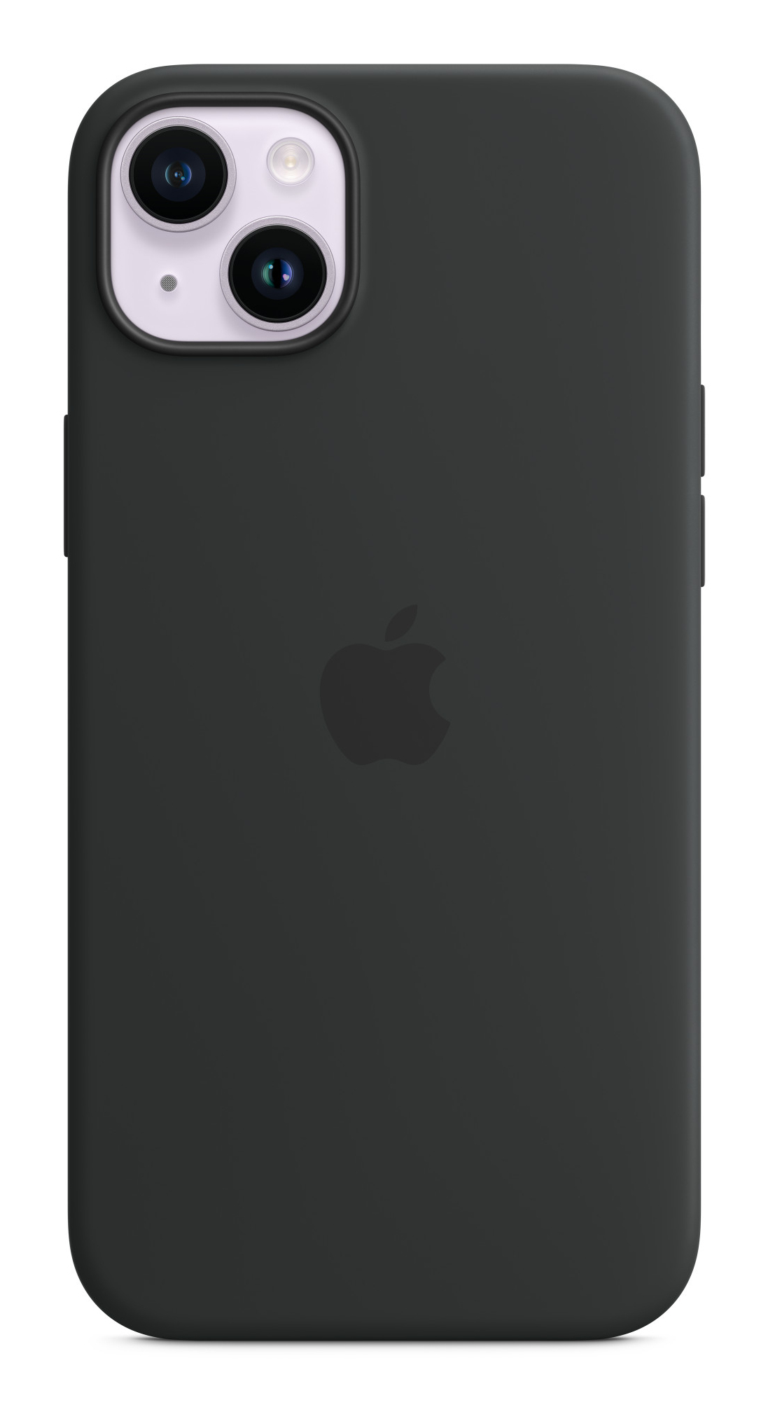 Schwarze iPhone-Hülle mit Apple-Logo und Kameralinsen. Der Hintergrund ist weiß.