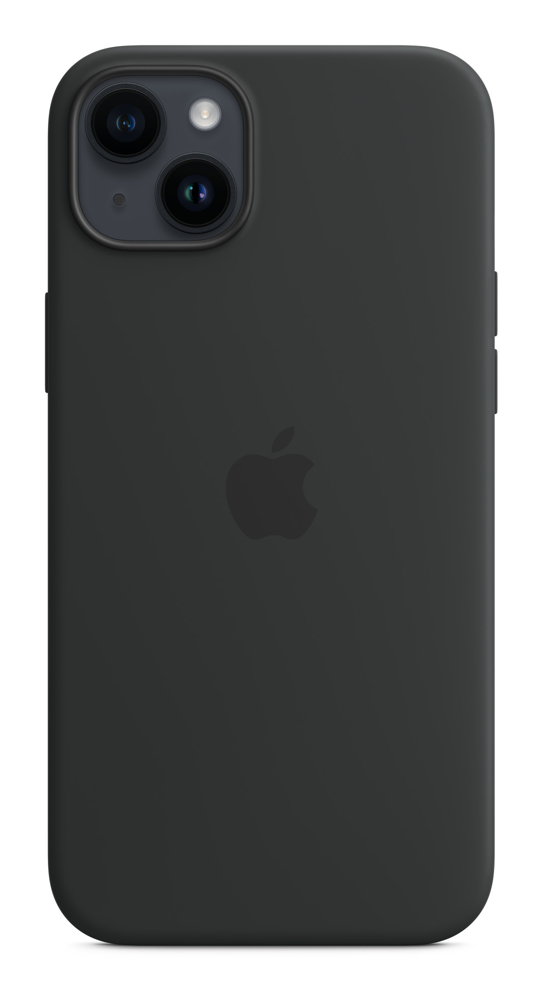 Schwarze iPhone-Hülle mit schwarzem Apple-Logo und Kameralinsen. Der Hintergrund ist weiß.