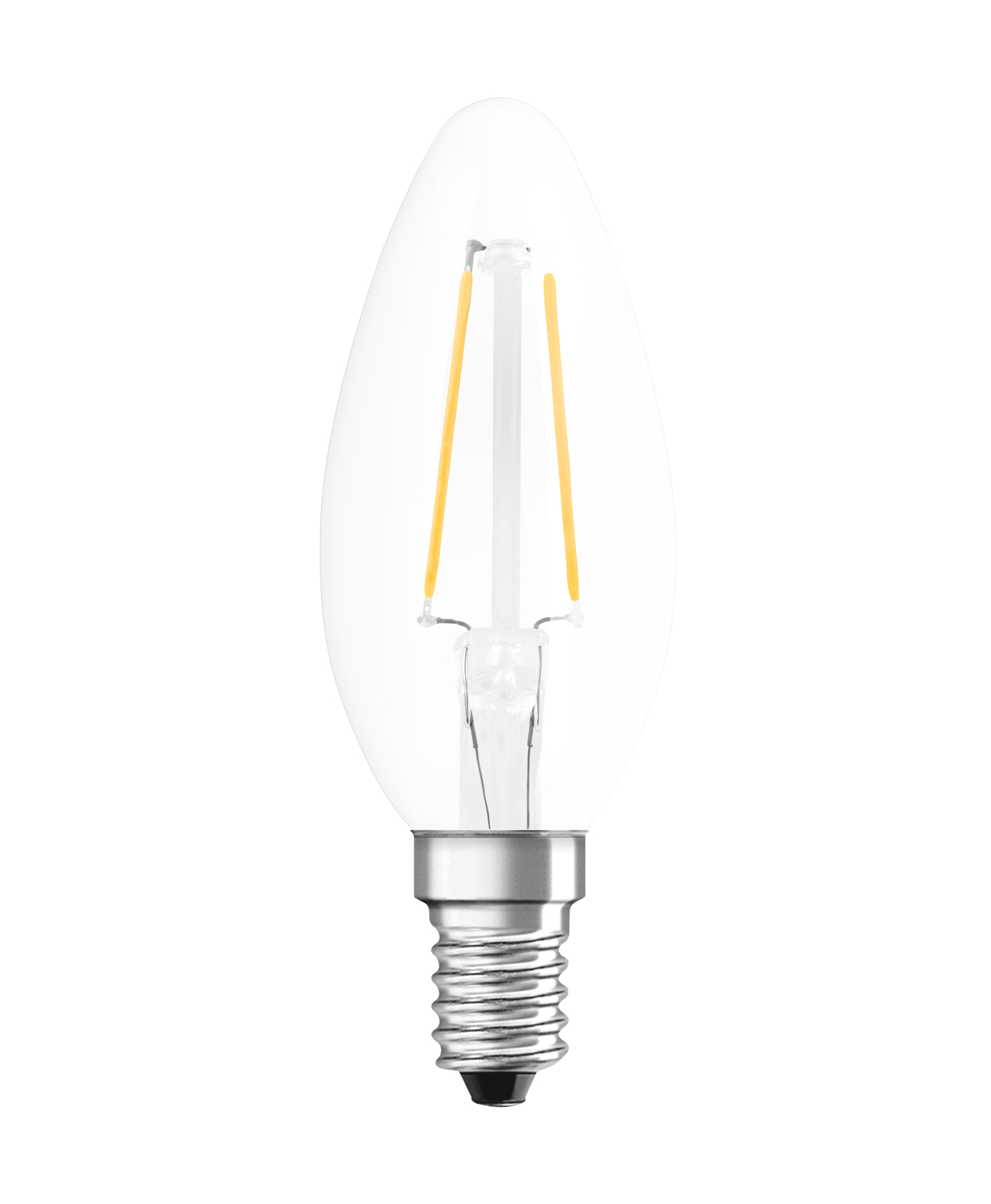 Una lampadina trasparente con due filamenti gialli all'interno. Ha una base argentata.