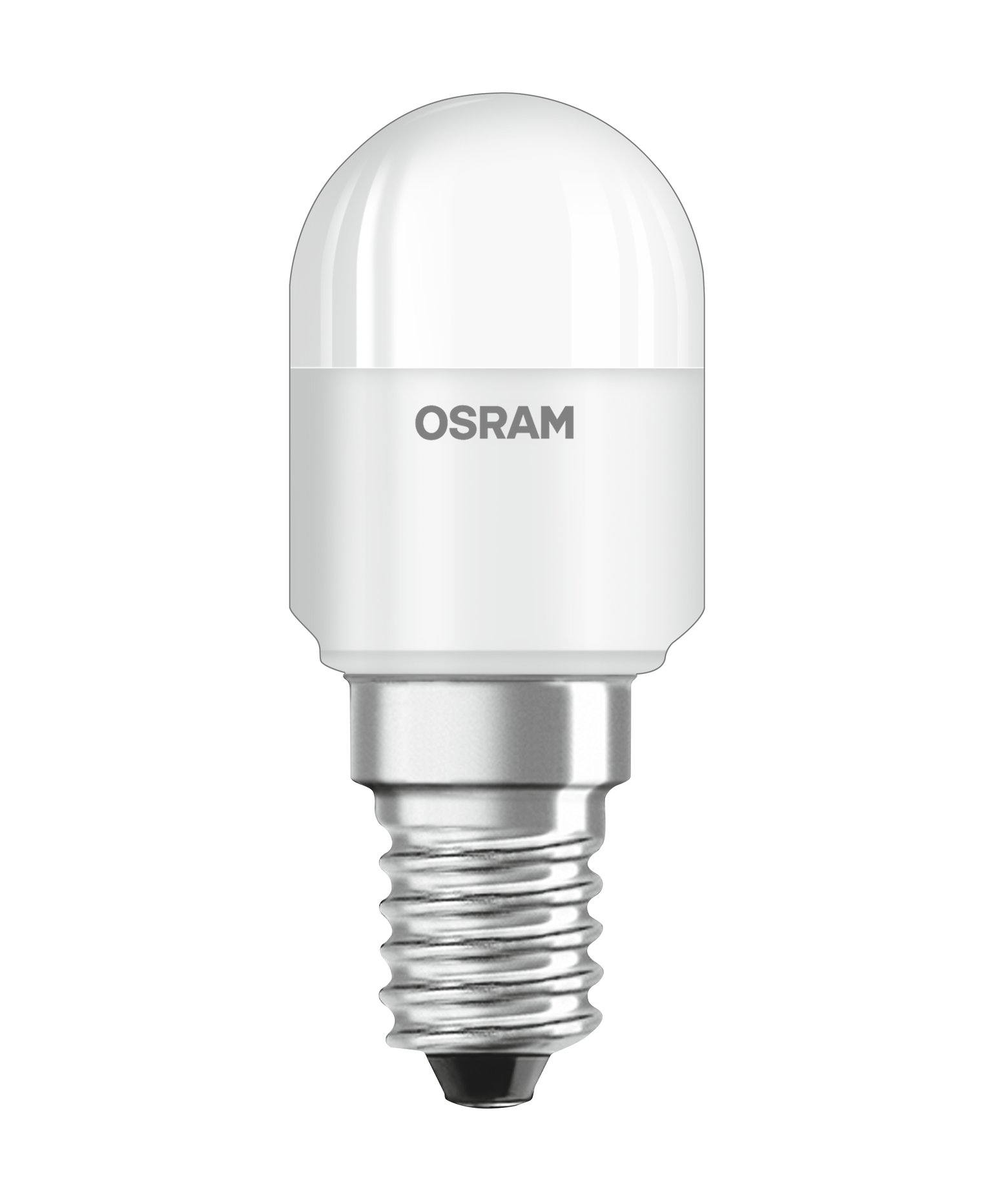 Une ampoule OSRAM blanche avec une base en métal. C'est une petite ampoule arrondie.
