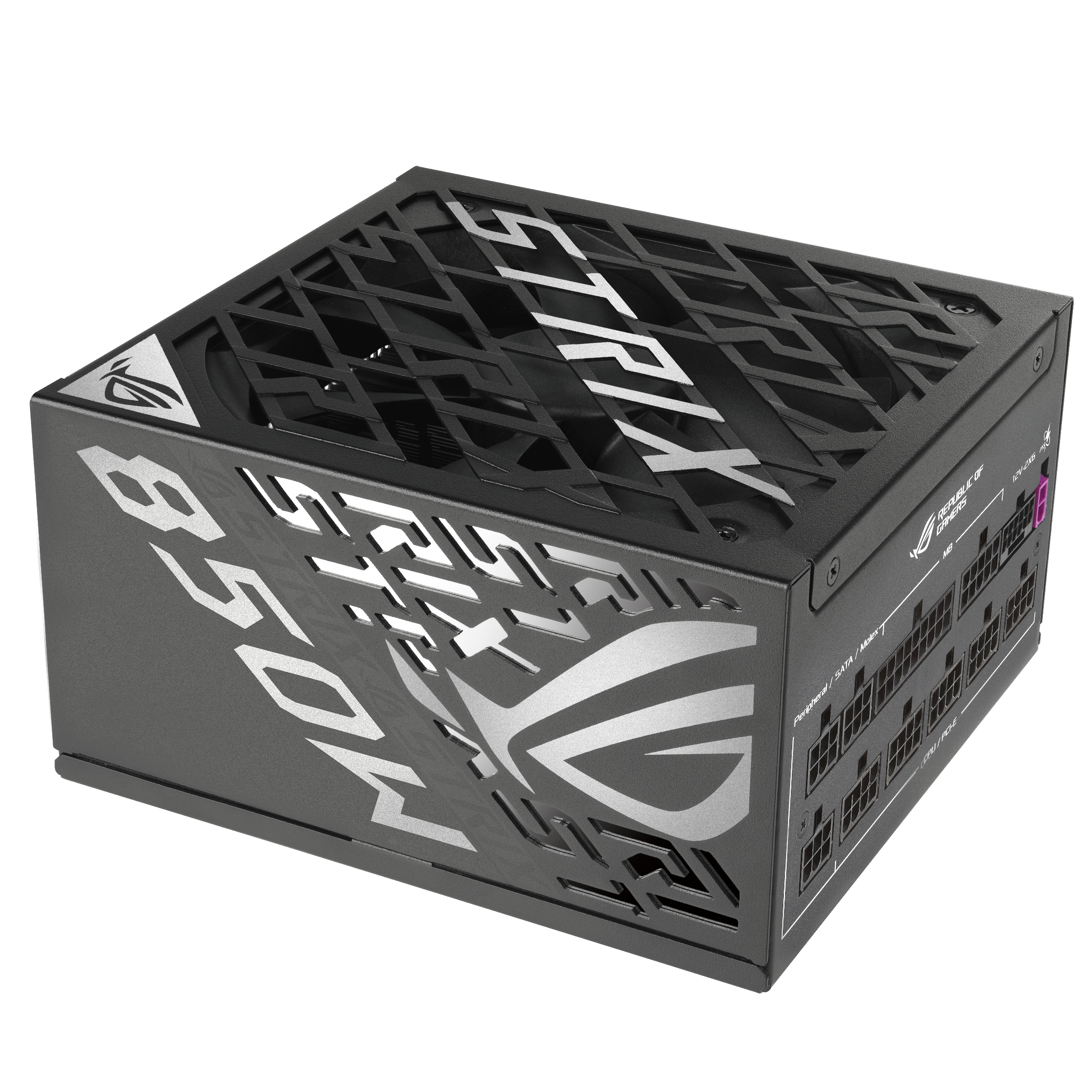 Ukośny czarny zasilacz z wycięciami i logo ROG Strix 850W.