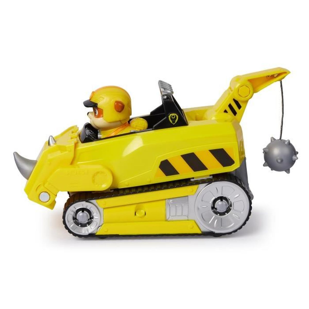 Ein gelbes Spielzeugauto mit einer PAW Patrol-Figur. Eine schwingende Abrissbirne ist am Auto befestigt.