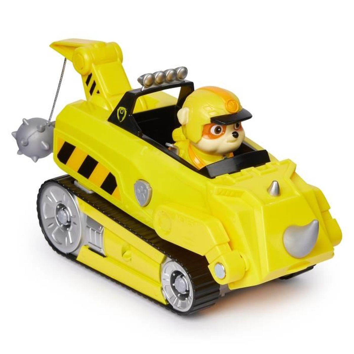 Ein gelbes Spielzeugauto mit einer PAW Patrol-Figur. Das Auto steht auf einer weißen Oberfläche.
