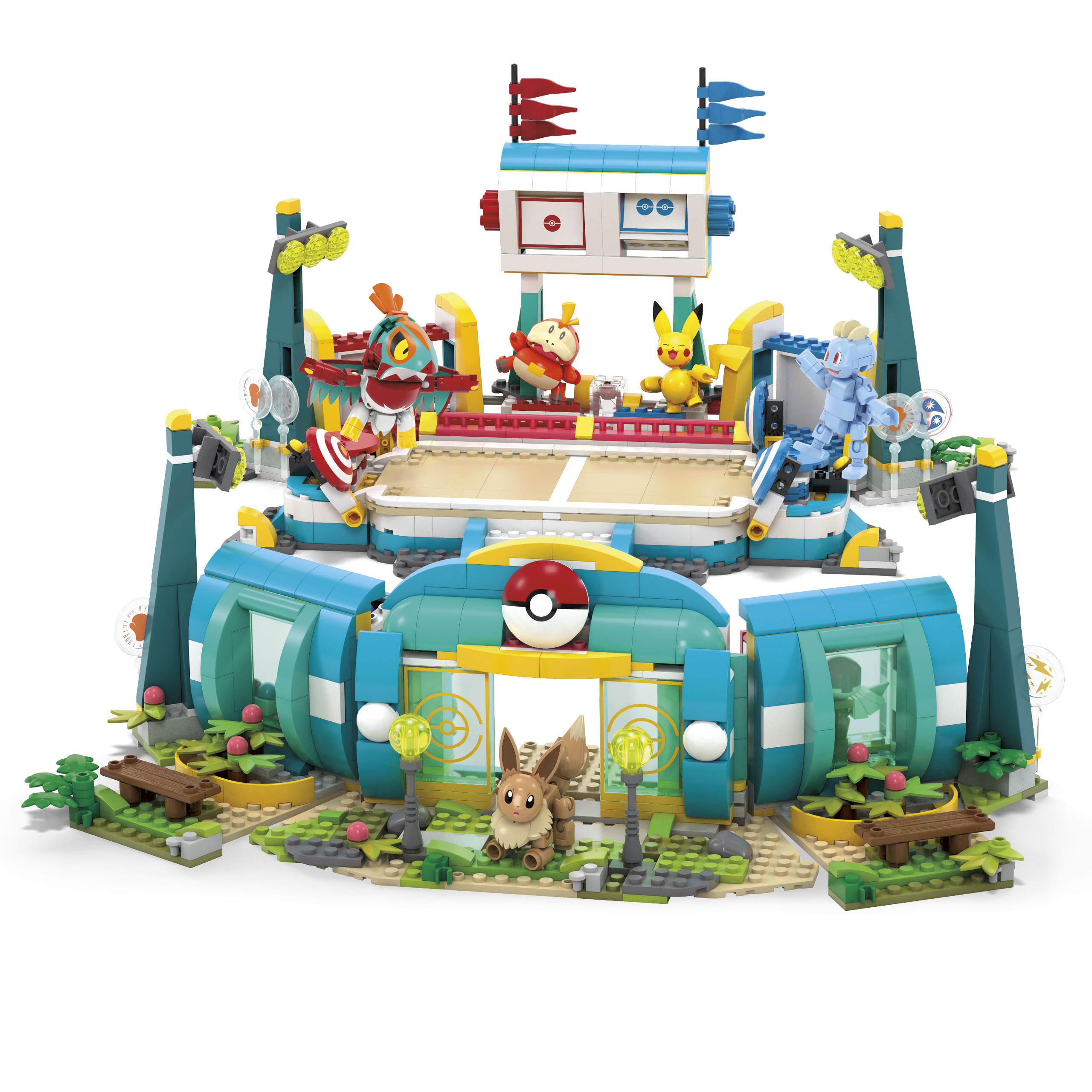 Ein Pokemon-Arena-Set mit Pokemon-Figuren. Das Set hat ein Stadion und Charaktere wie Pikachu und Eevee.