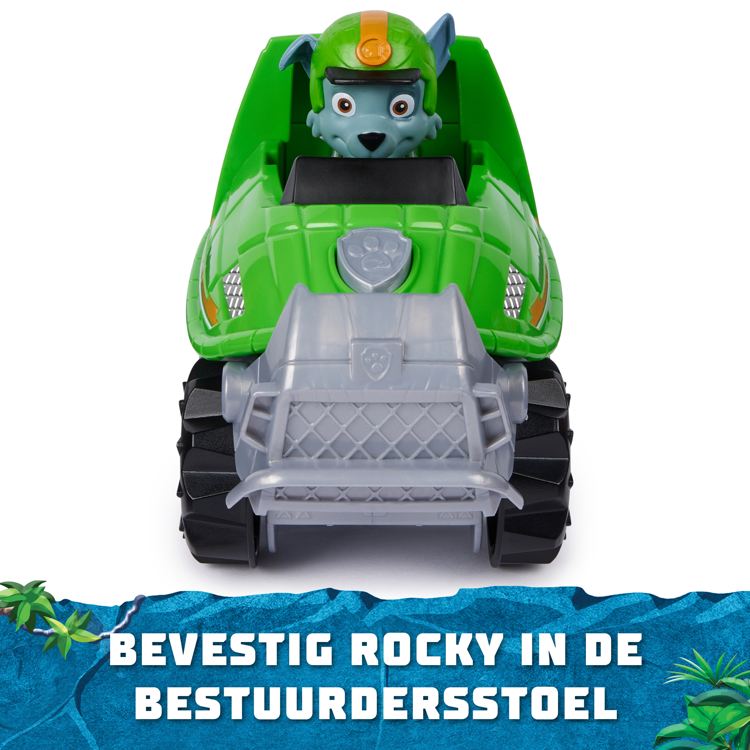 Ein grünes Paw Patrol Rocky Spielzeugfahrzeug mit Rocky am Fahrersitz.