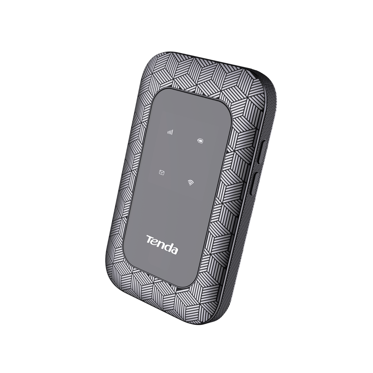 Un router WiFi Tenda nero e grigio. Ha simboli di antenna e un motivo geometrico. Lo sfondo è bianco.