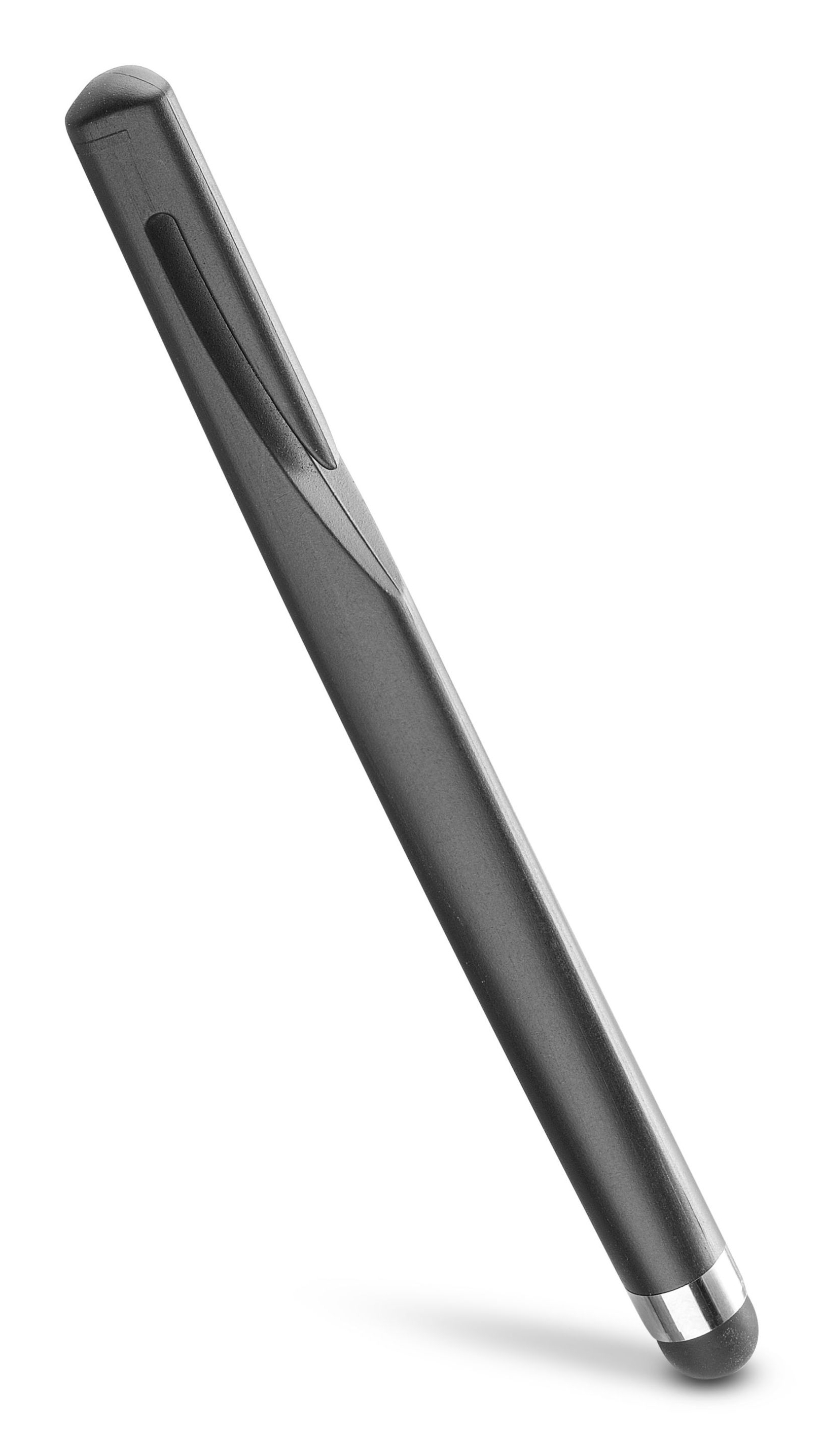 Grauer Stylus-Stift, abgewinkelt. Schwarze Spitze und silbernes Ende. Weißer Hintergrund.