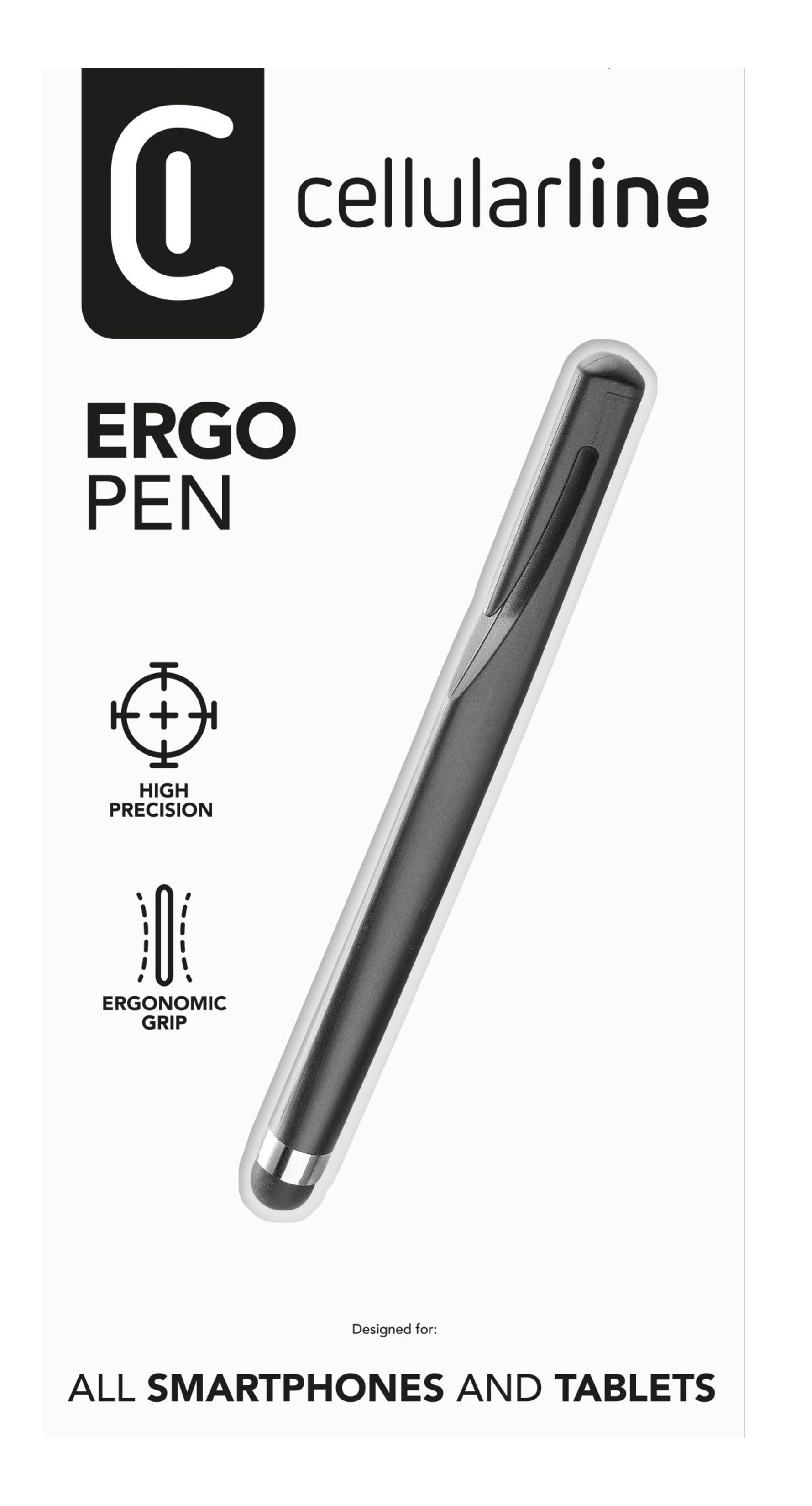 Stylus-Stift in Verpackung. Schwarzer Stift, weißer Hintergrund. Text: Ergo Pen, High Precision.