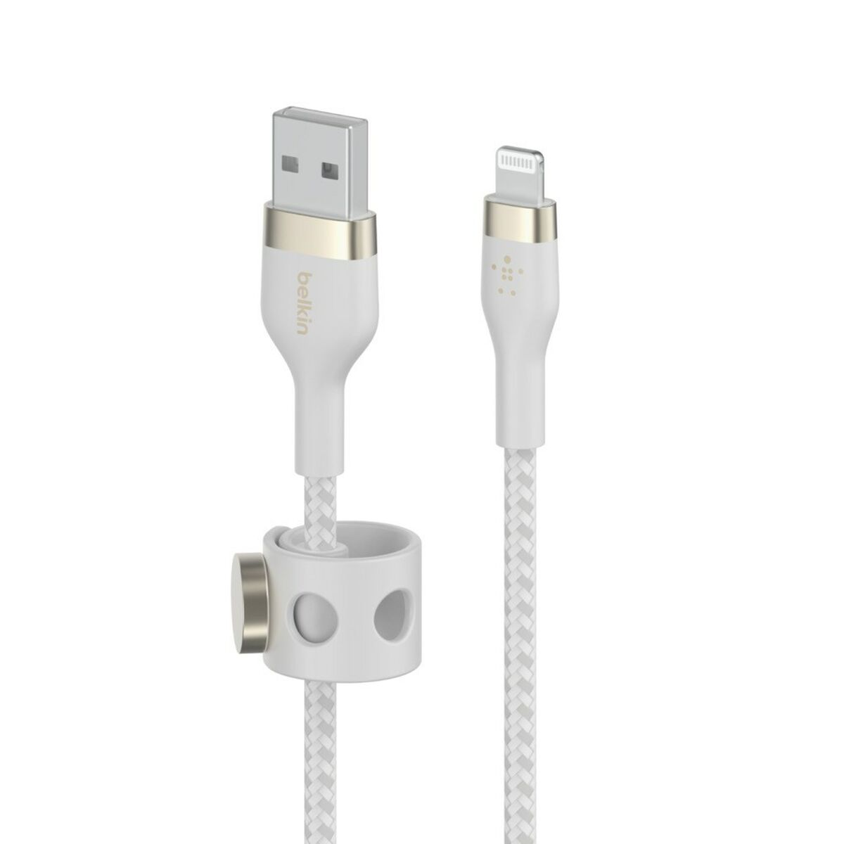 Biały i złoty kabel Belkin z złączami USB i Lightning, pleciony kabel z białym uchwytem.