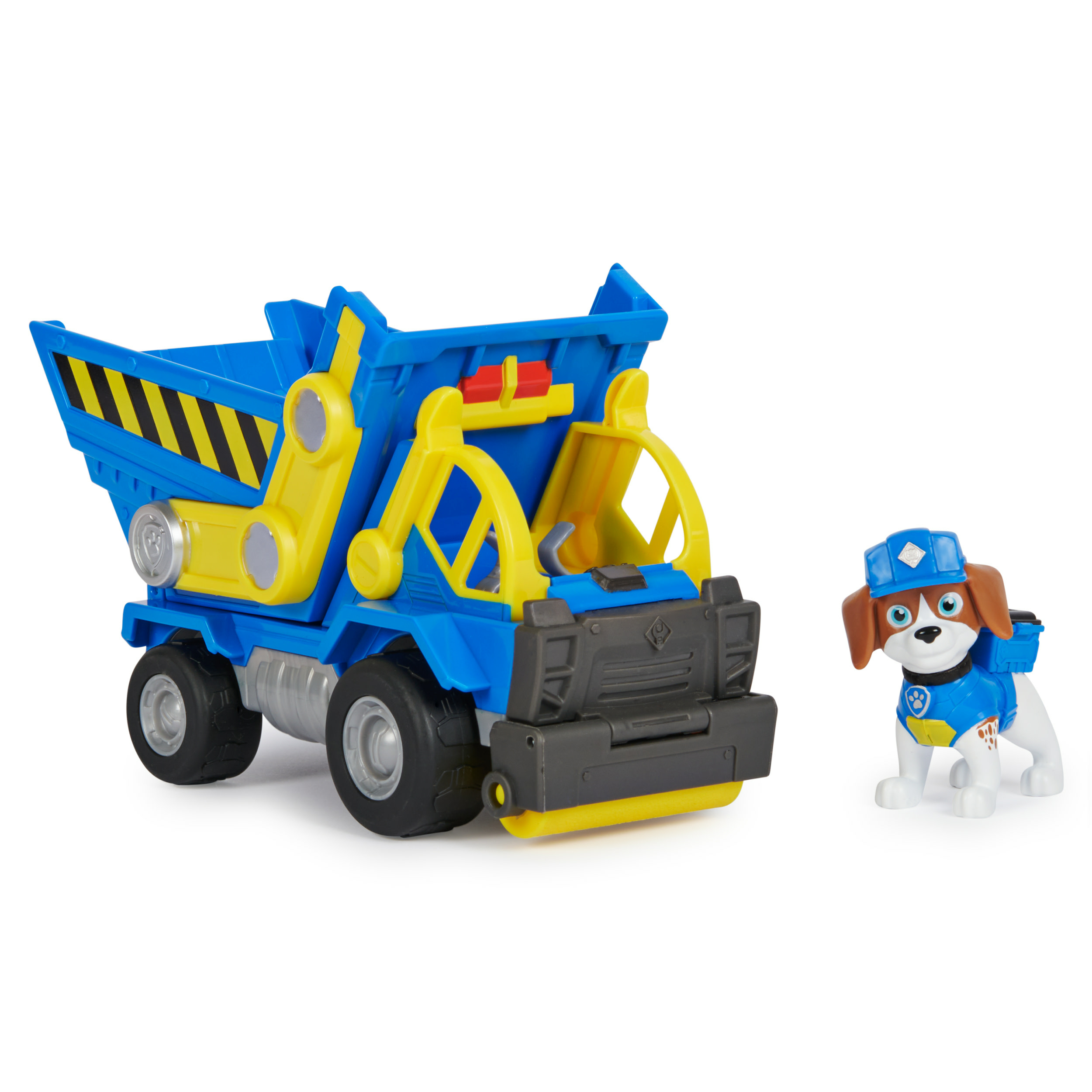 Spielzeug-LKW mit einer Hundefigur und einer Hundefigur. Der LKW ist blau und gelb.