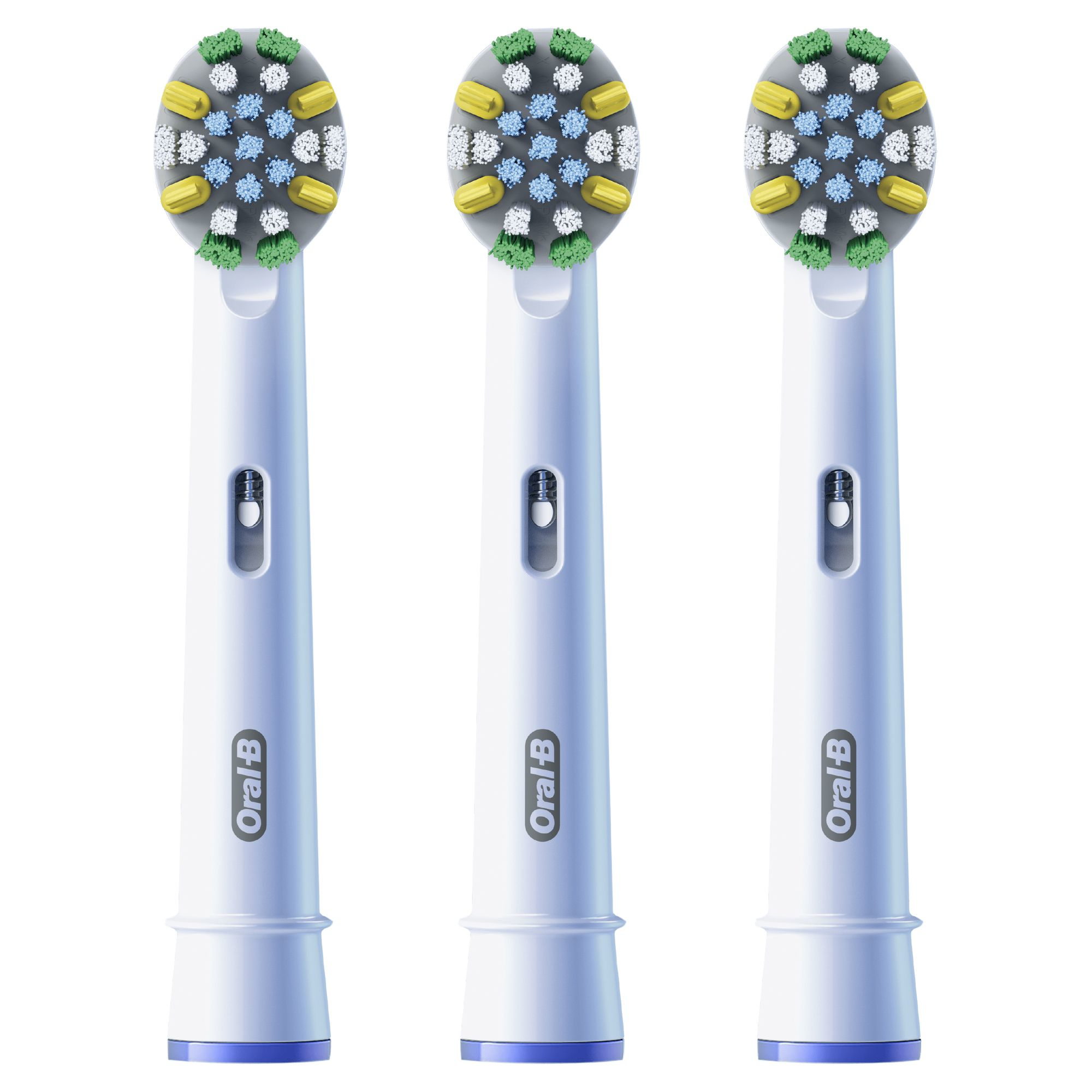 Drei Oral-B Zahnbürstenköpfe mit blauen, grünen und gelben Borsten.