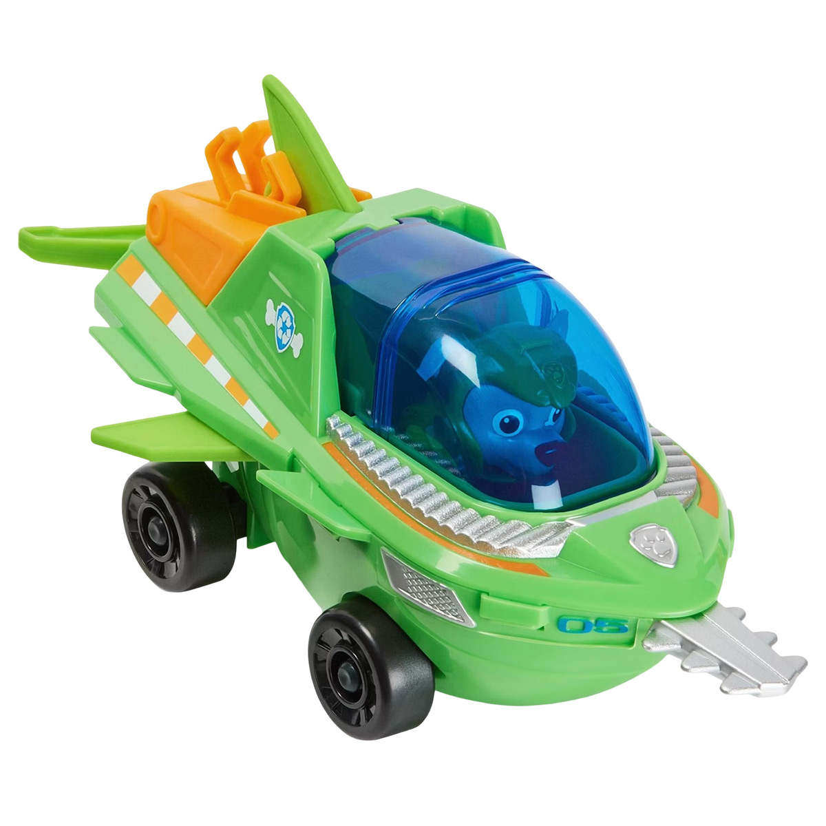 Ein grünes Paw Patrol Spielzeugflugzeug mit einem blauen Hund im Cockpit.