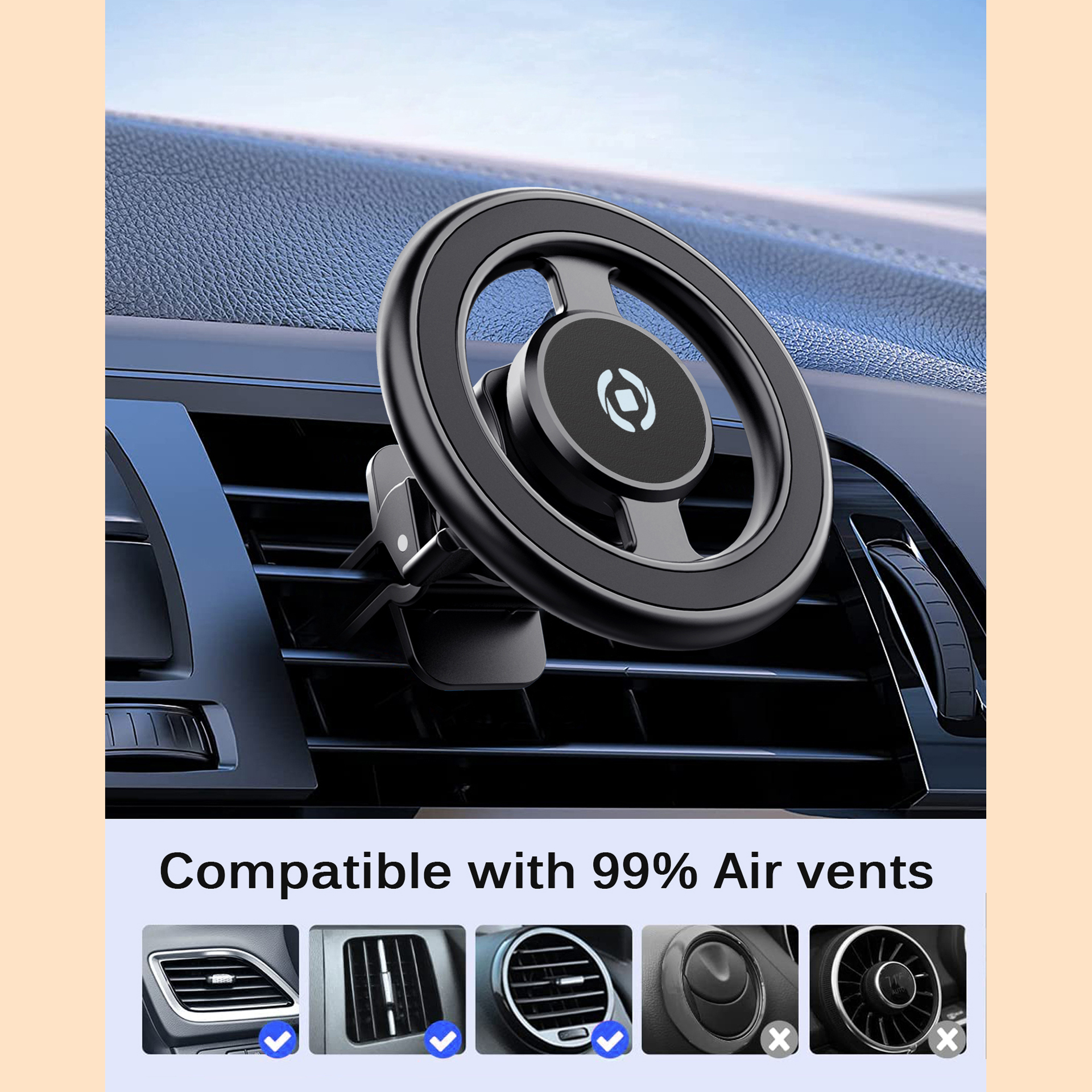 Supporto per telefono nero per bocchette auto. Compatibile con il 99% delle bocchette. L'immagine mostra il supporto.