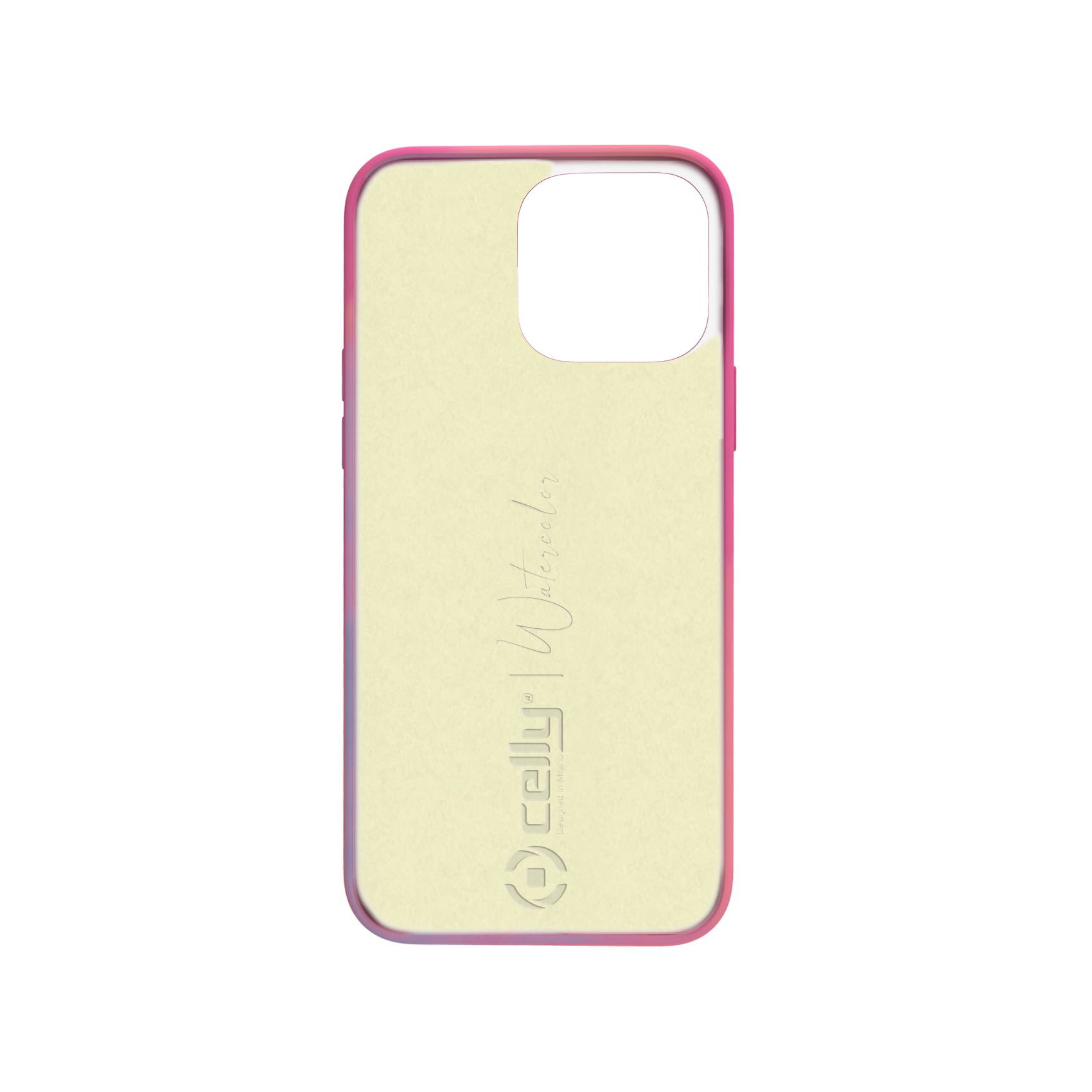 Una custodia per telefono con centro giallo e bordi rosa. Il marchio è visibile a sinistra.