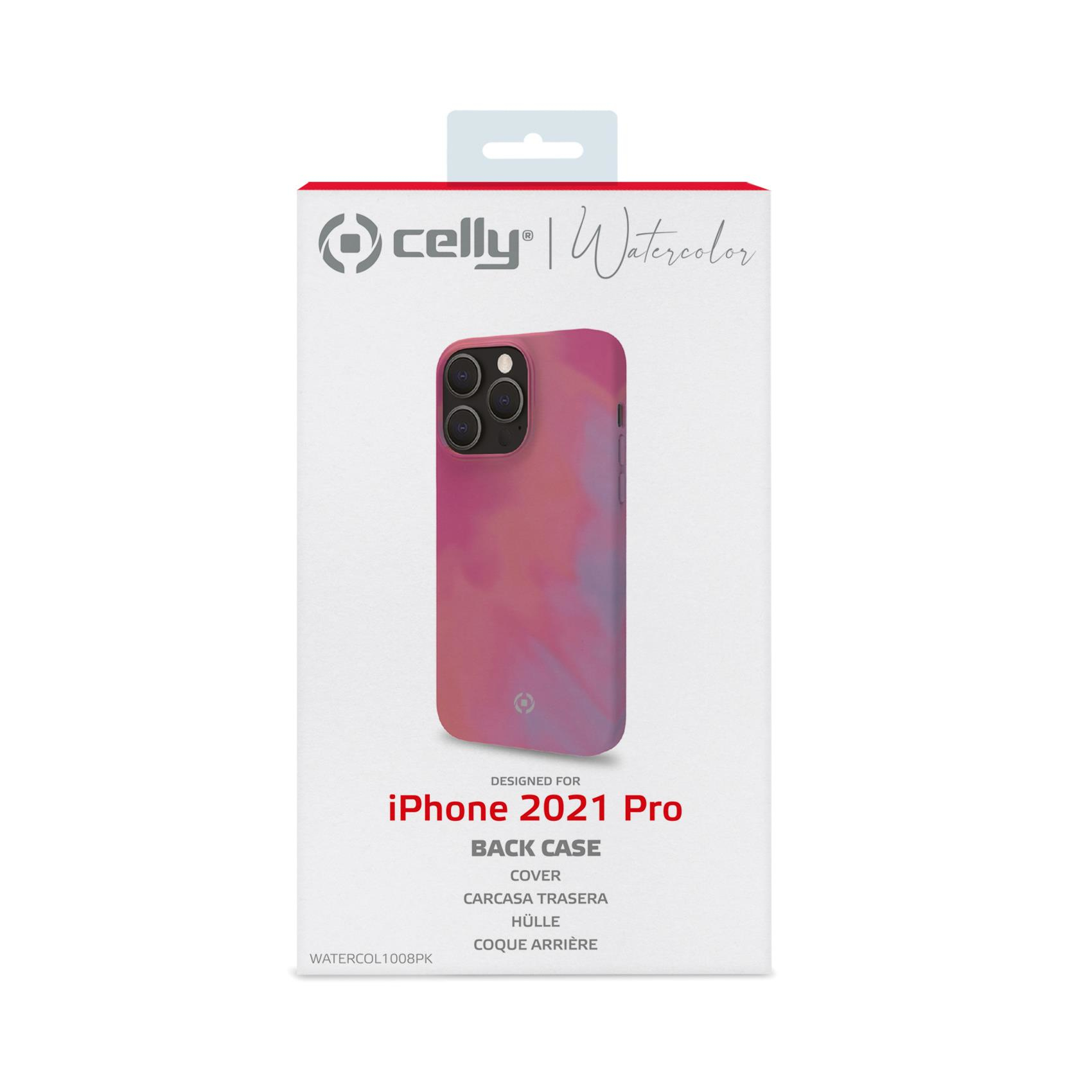 Una scatola per custodia per iPhone 2021 Pro. La custodia ha un design ad acquerello rosa.