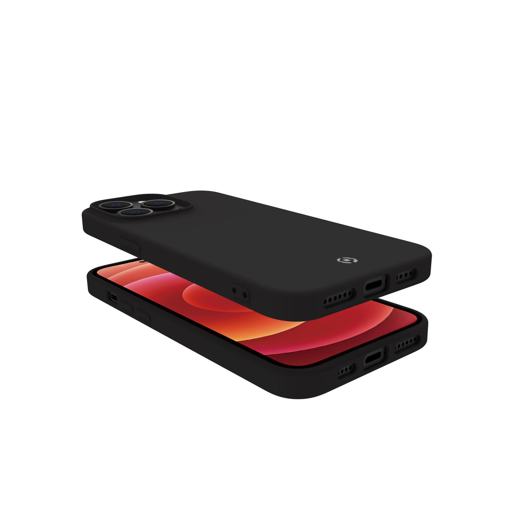 Una custodia per telefono nera fluttua sopra un telefono. Lo schermo del telefono mostra un'immagine colorata.