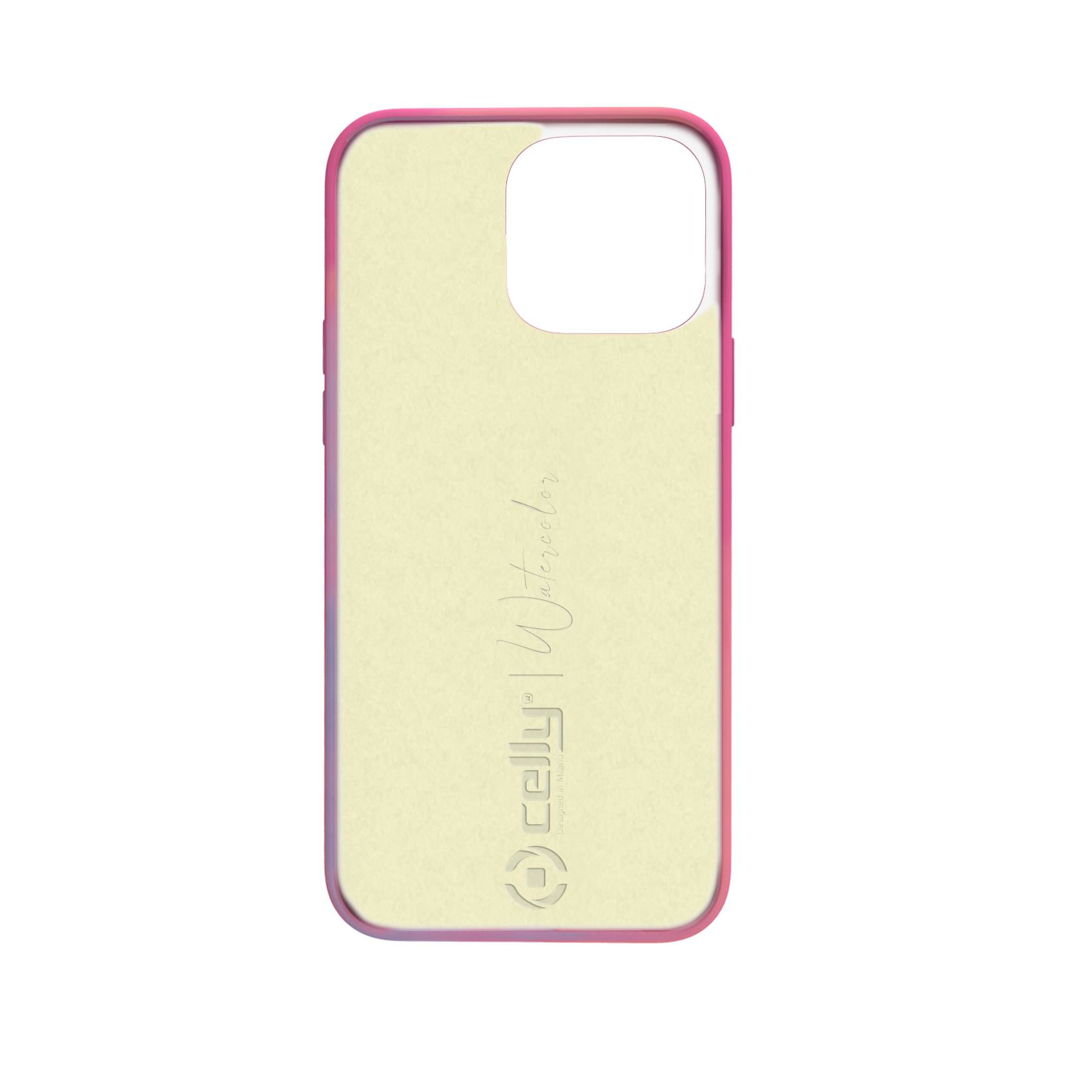 Custodia per telefono con design giallo pallido e bordo rosa e viola.