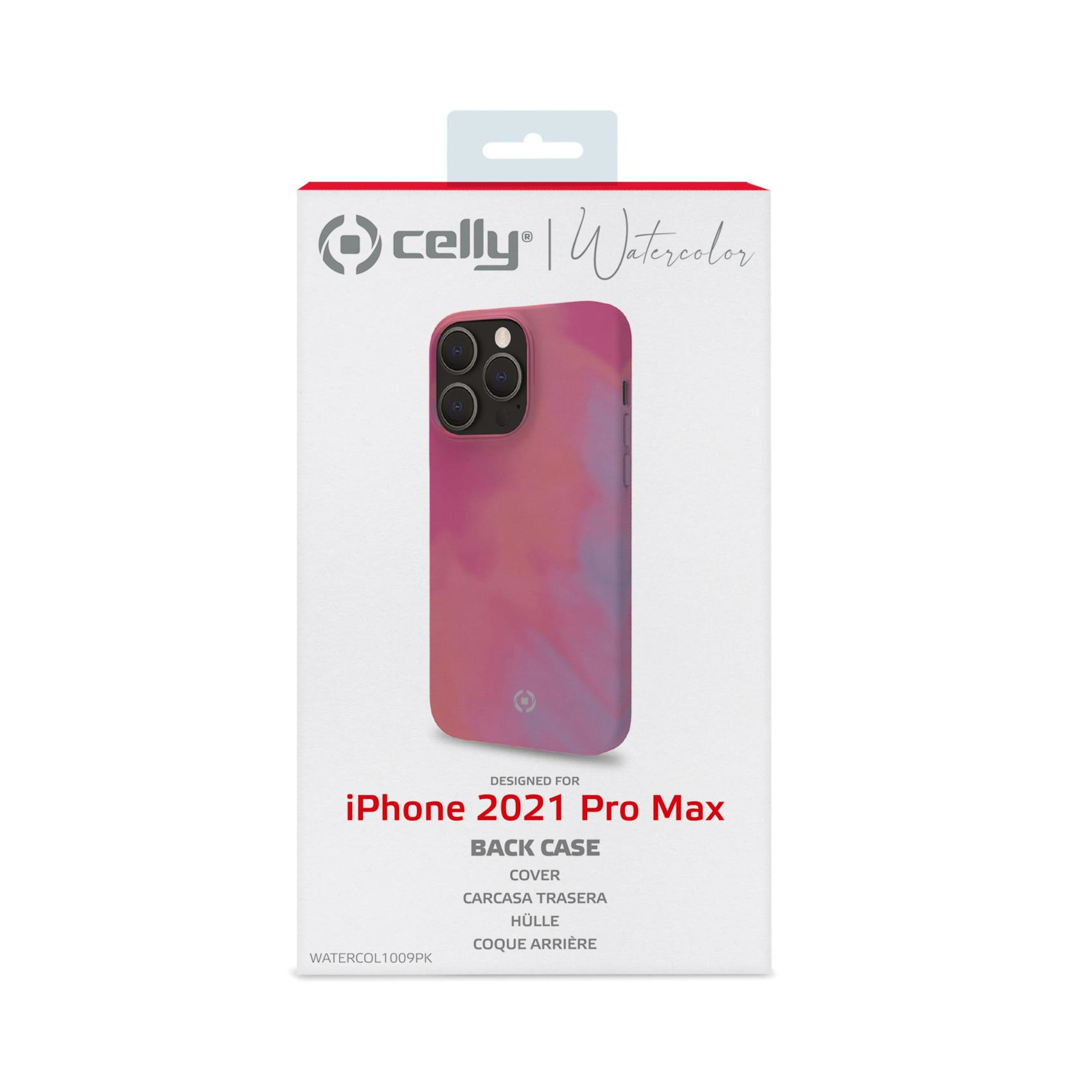 Scatola della custodia del telefono con design acquerello rosa e viola e immagine iPhone.