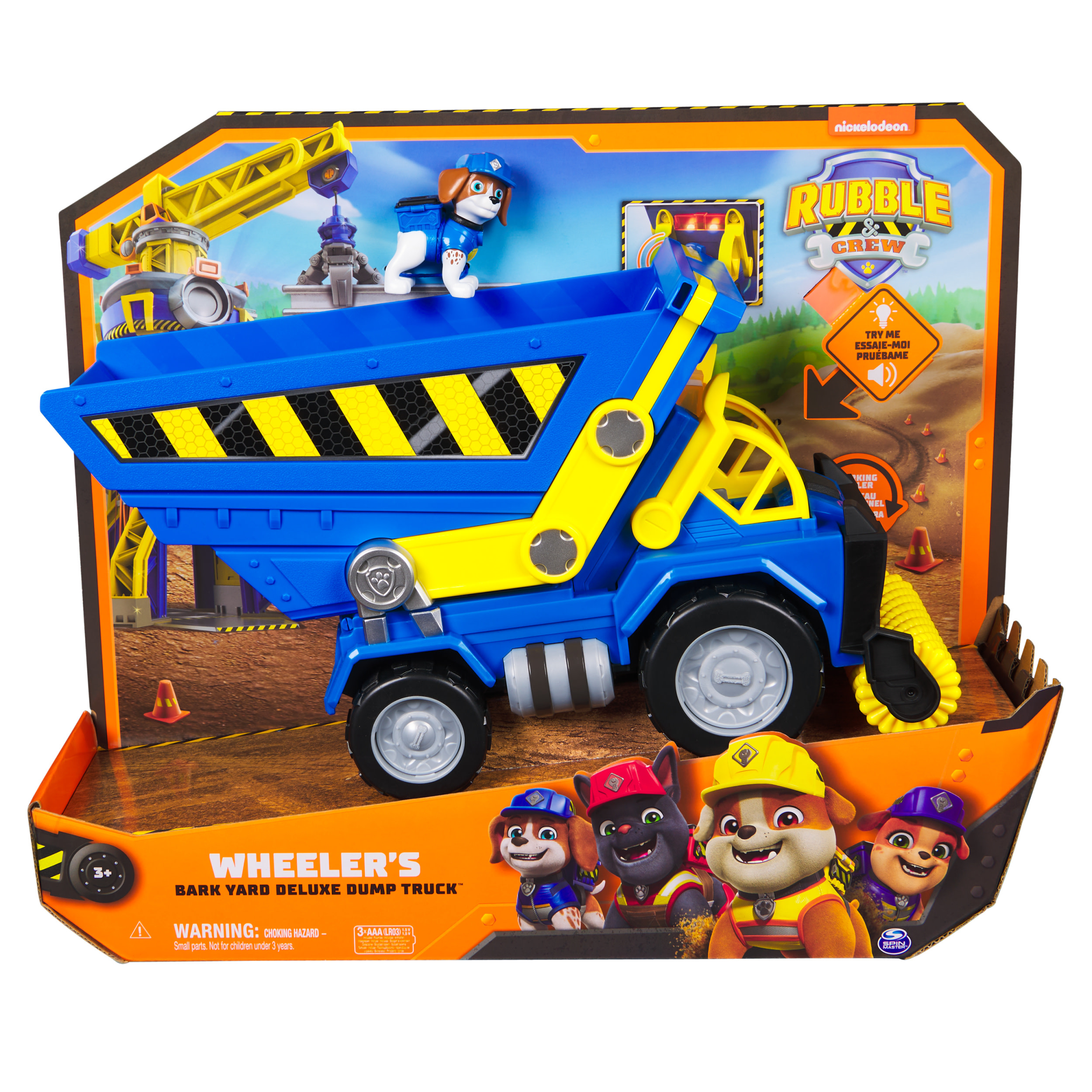 Spielzeug-Muldenkipper mit Paw Patrol-Charakteren auf der Verpackung.