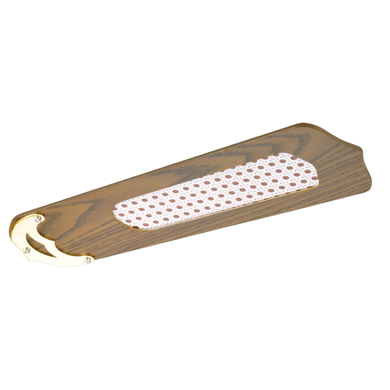 Wooden ceiling fan blade with a decorative center.