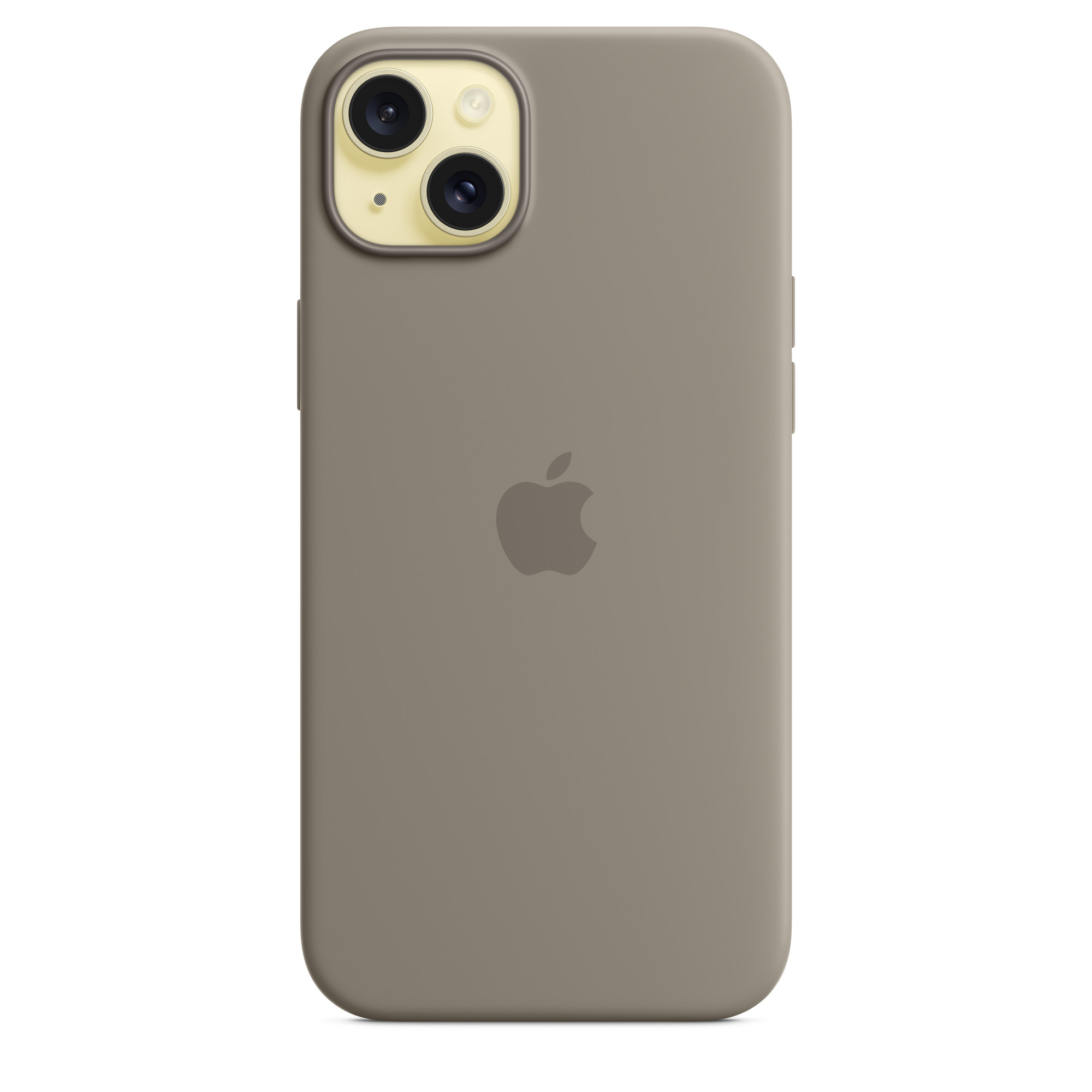 Eine Handyhülle in Braun mit gelben Kamerarändern. Es hat ein Apple-Logo in der Mitte. Die Handyhülle ist einfarbig.
