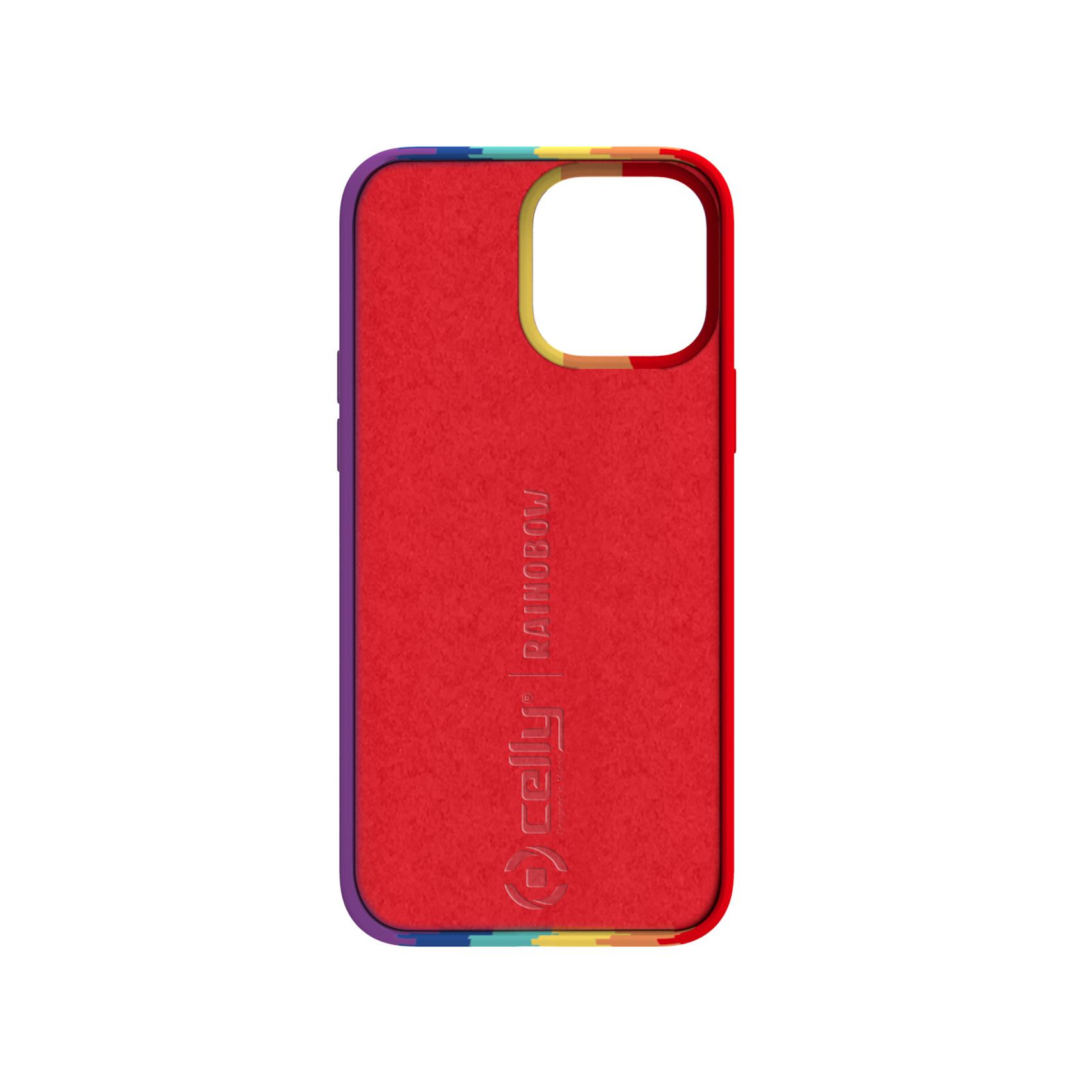 Custodia per telefono rossa con bordo arcobaleno. Sfondo bianco.