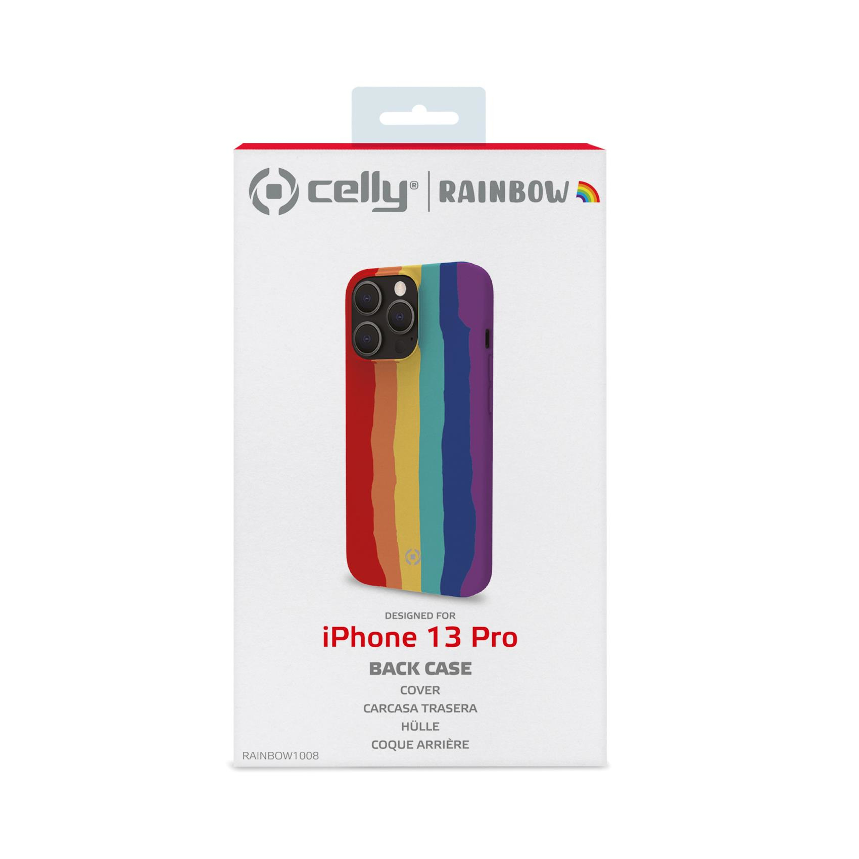 Una custodia per telefono arcobaleno in una scatola con il marchio 'celly RAINBOW'.