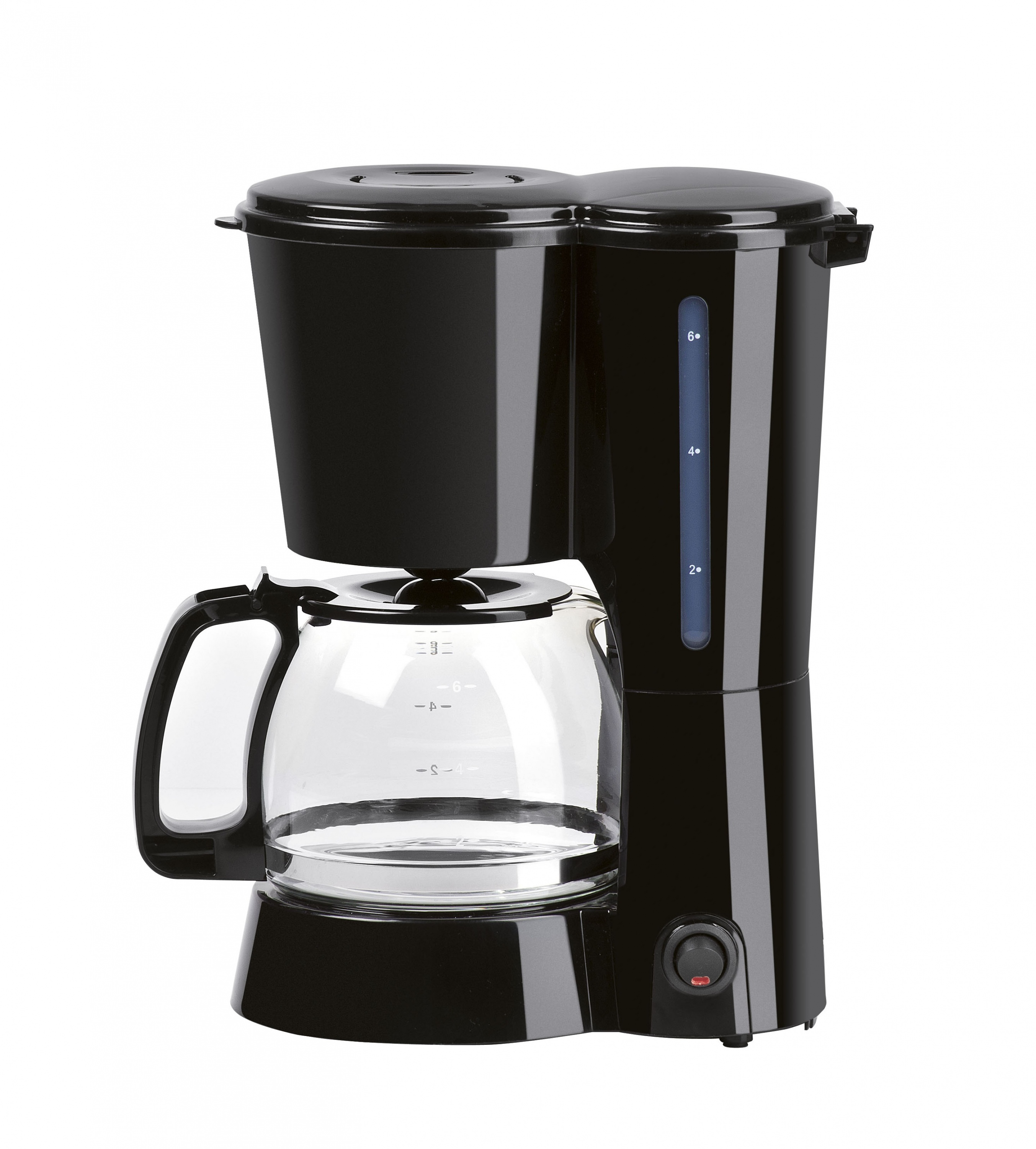 Czarny ekspres do kawy ze szklanym dzbankiem i wskaźnikiem poziomu wody, białe tło.