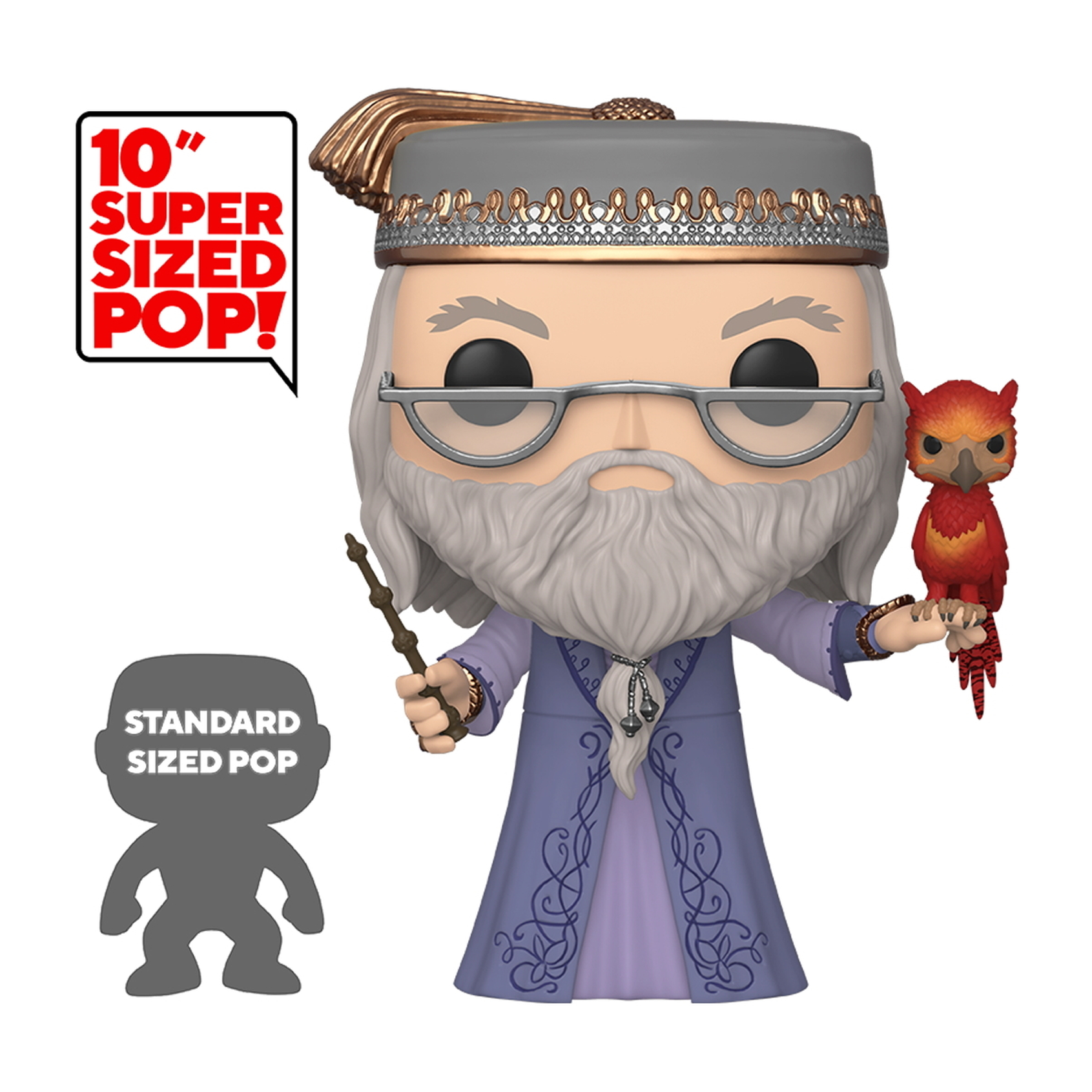Duża figurka Funko Pop Dumbledore'a z feniksem. Pokazano małą sylwetkę figurki.