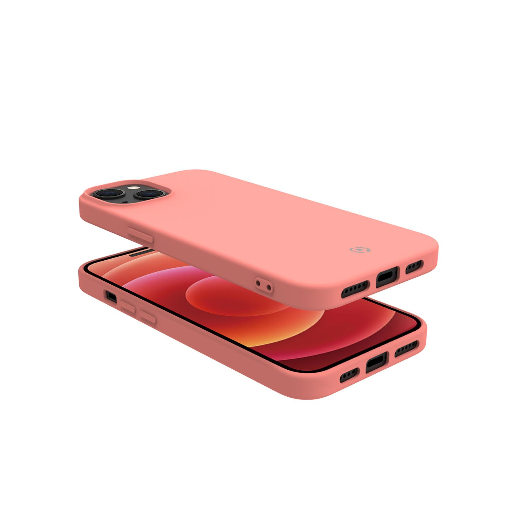 Una custodia rosa staccata dal telefono, che mostra lo schermo e la custodia. Sfondo bianco.