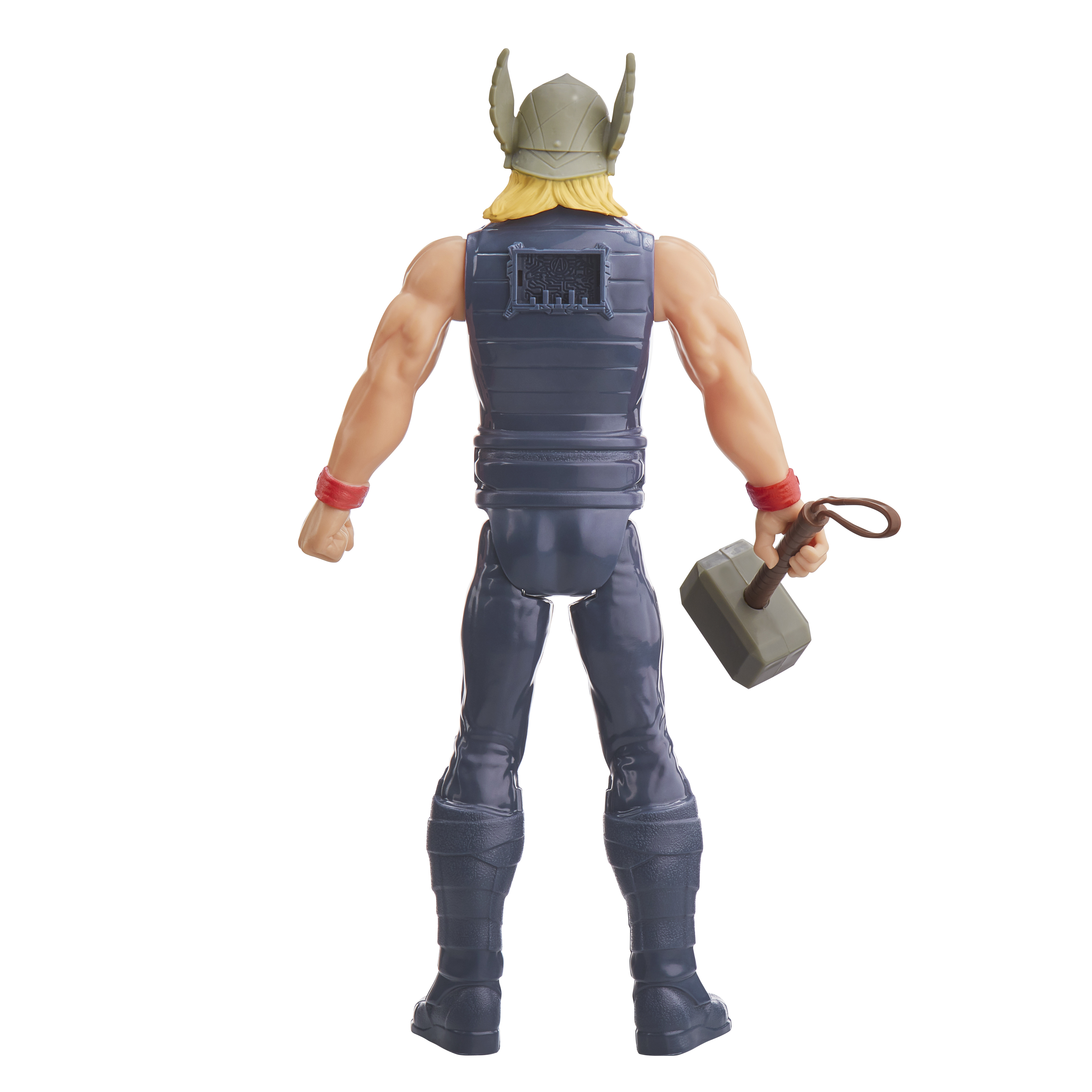 Action figure di Thor, vista da dietro. Indossa un costume e tiene un martello. Sfondo bianco.