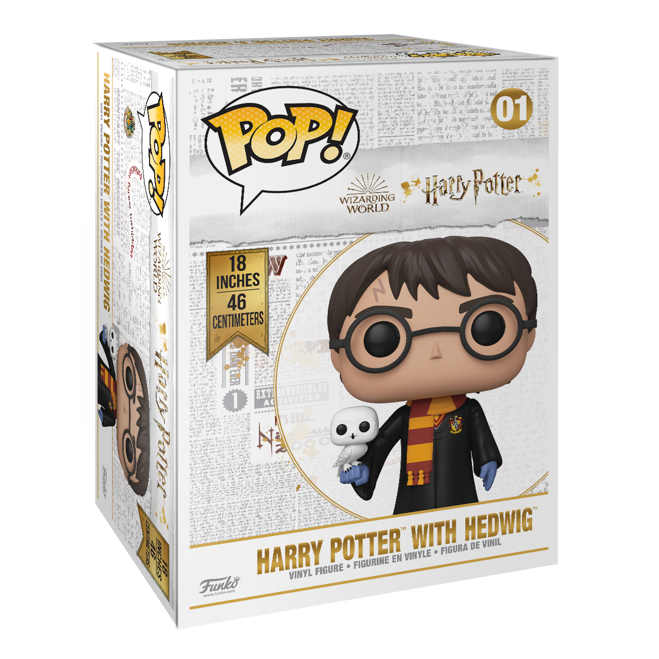 Pudełko Funko Pop! z figurką Harry'ego Pottera trzymającego Hedwigę, białą sowę, z tekstem.