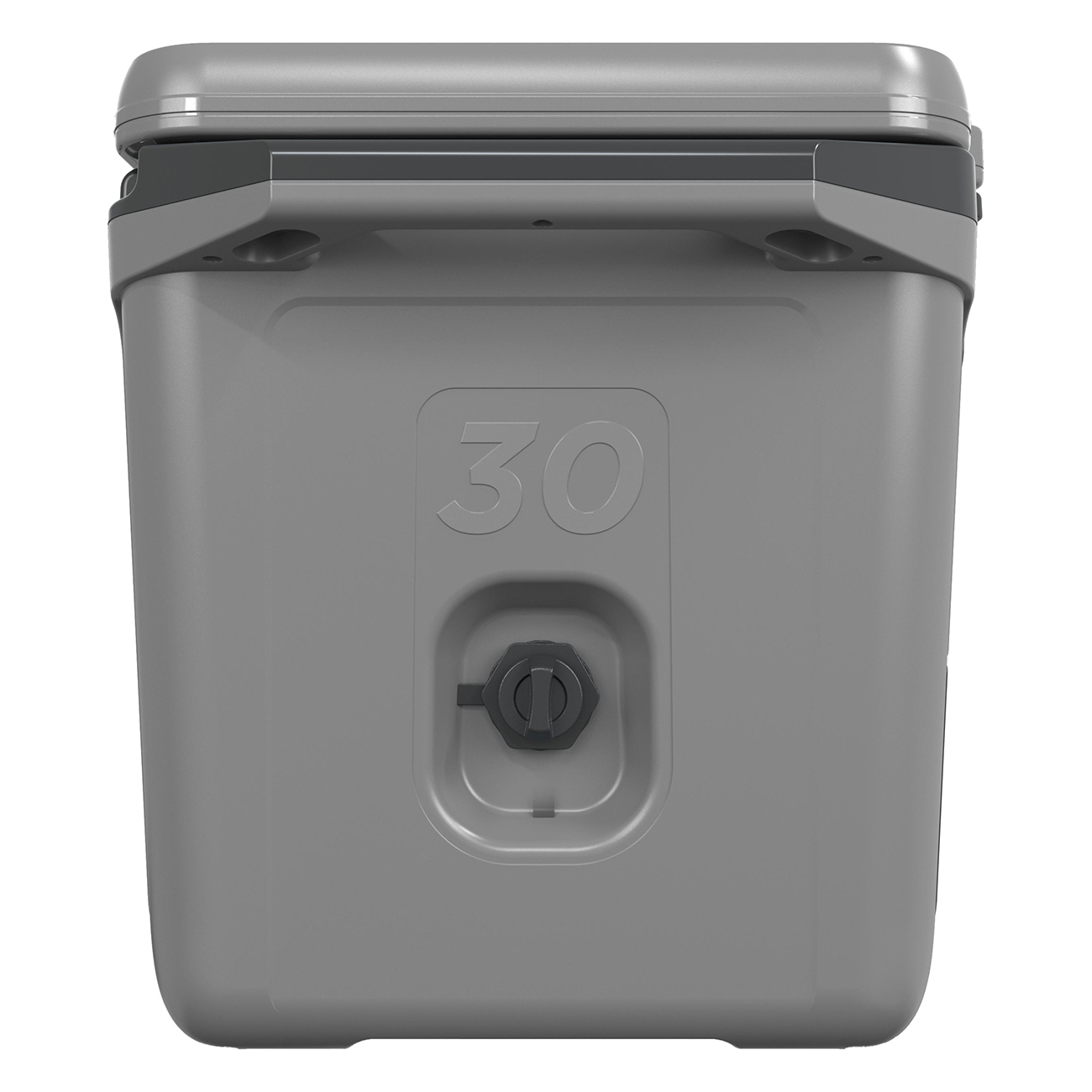 Szara chłodziarka z numerem 30 i zaworem spustowym. Góra jest zamknięta. Białe tło.