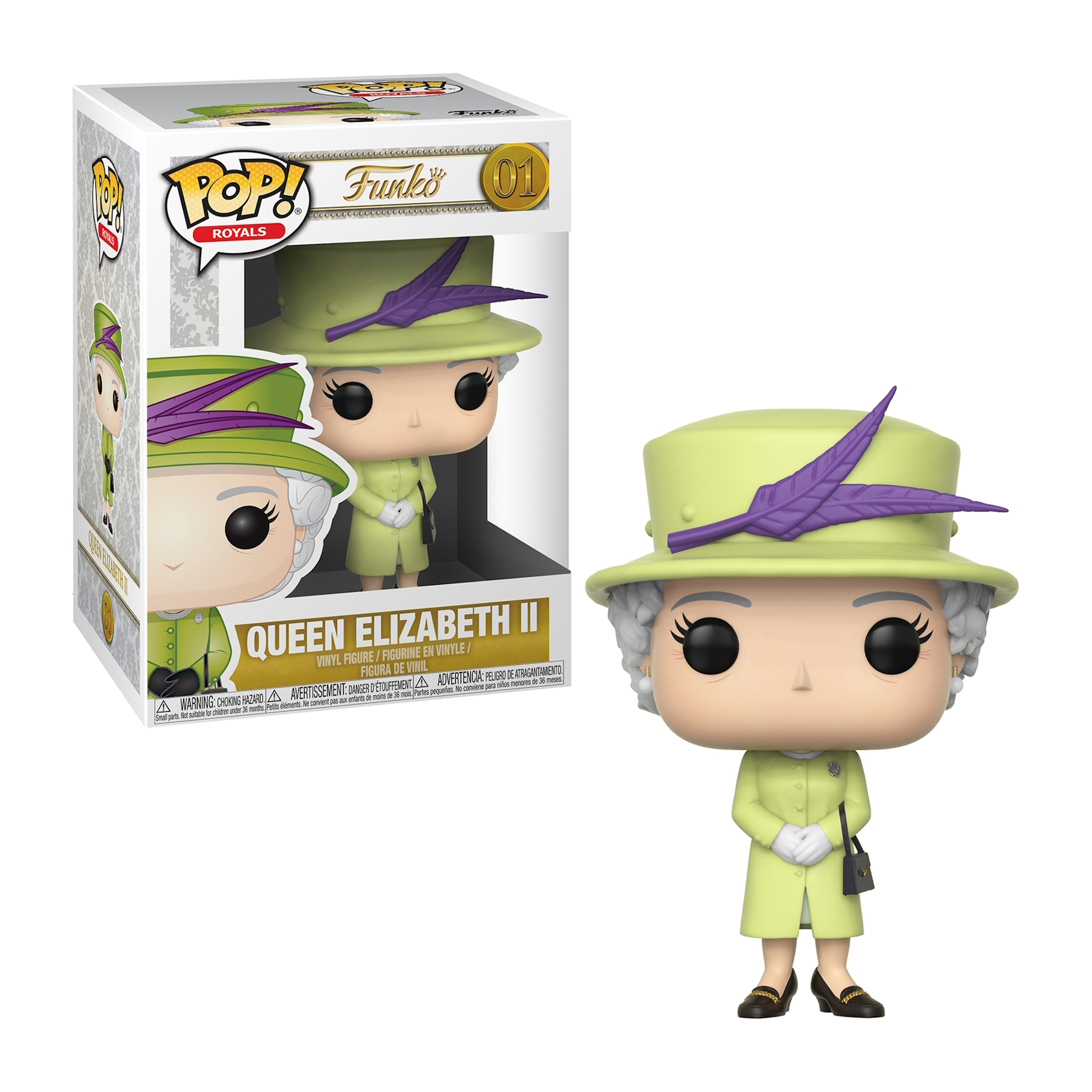 Figurka Funko Pop Królowej Elżbiety II w zielonym stroju, trzymającej czarną torebkę i w kapeluszu.