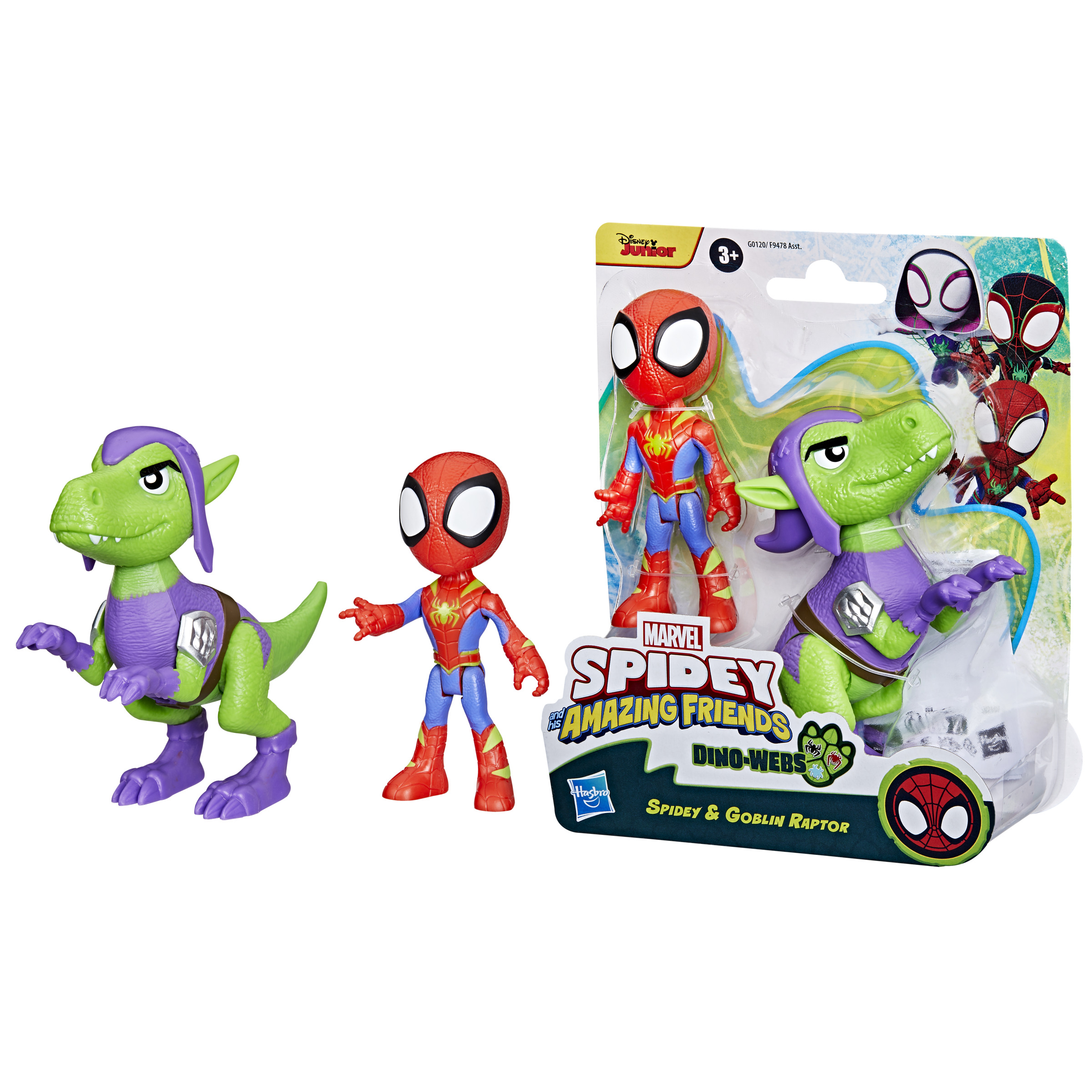 Juguetes de Spidey y sus sorprendentes amigos de Marvel. Personajes de Spidey y Dino-Webs en el embalaje.