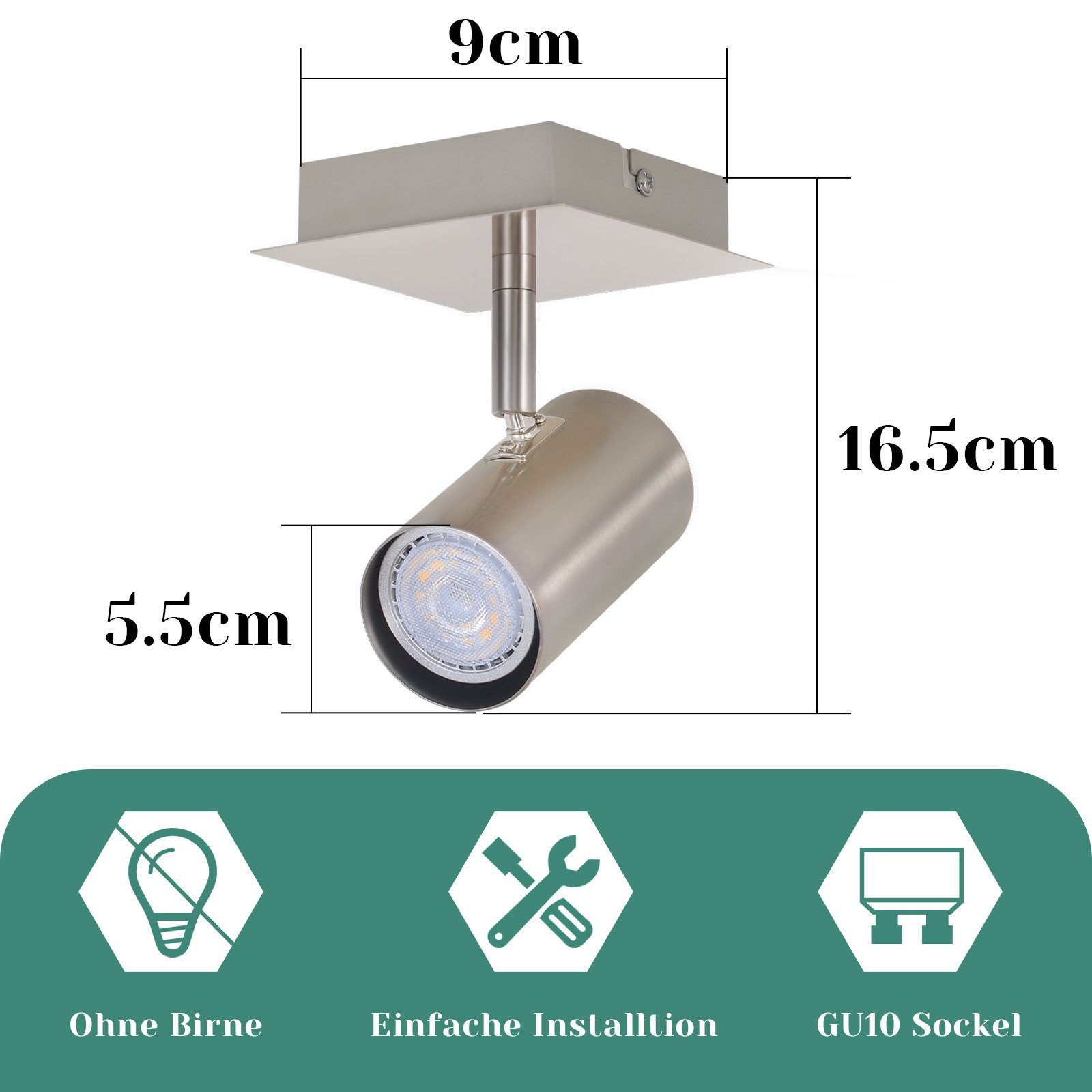 Faretto da soffitto argentato. L'immagine mostra le dimensioni: 9 cm x 16,5 cm, con dettagli per lampadina, installazione e attacco GU10.