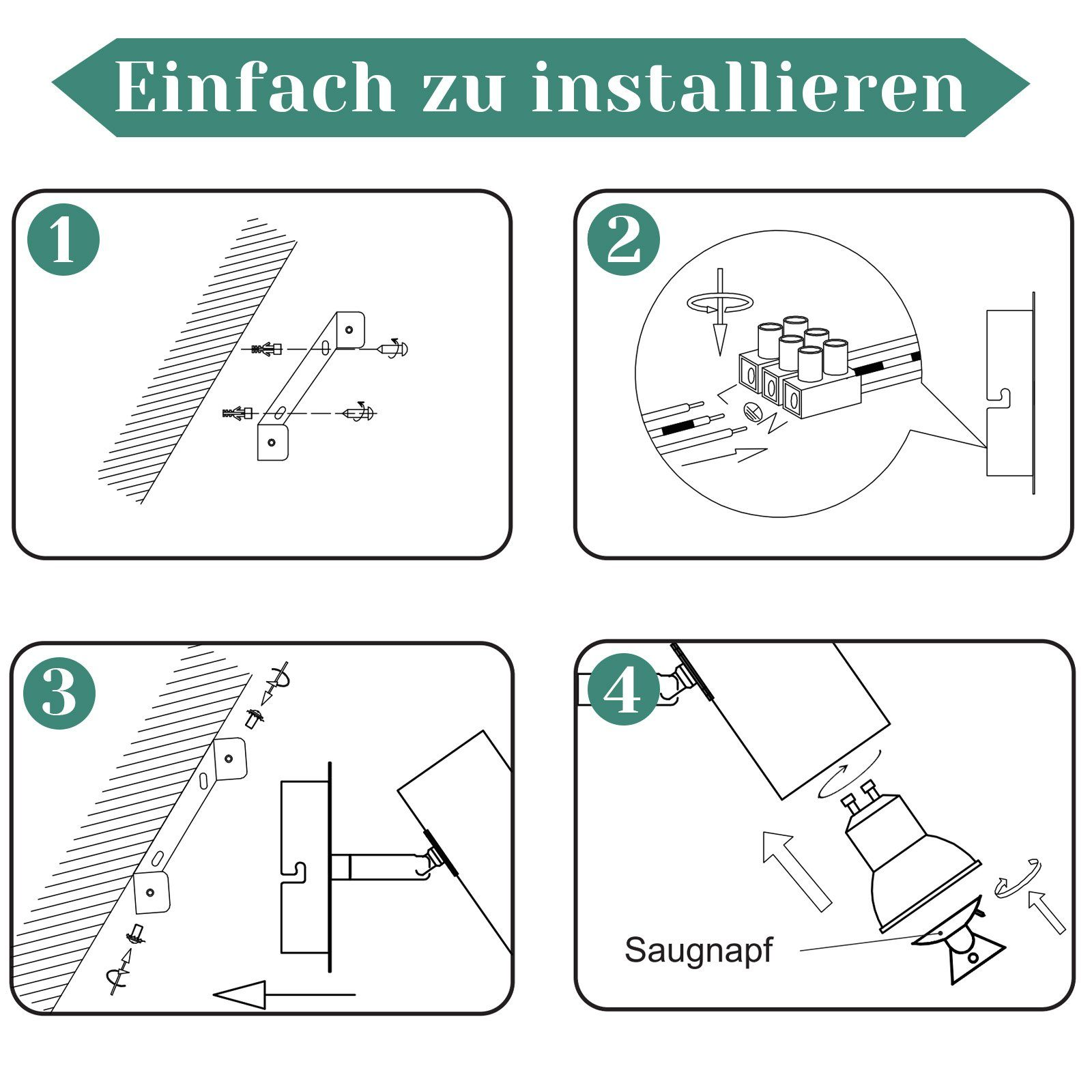 Vier-Schritte-Diagramm zur Installation. Anweisungen auf Deutsch mit Pfeil und Saugnapf.