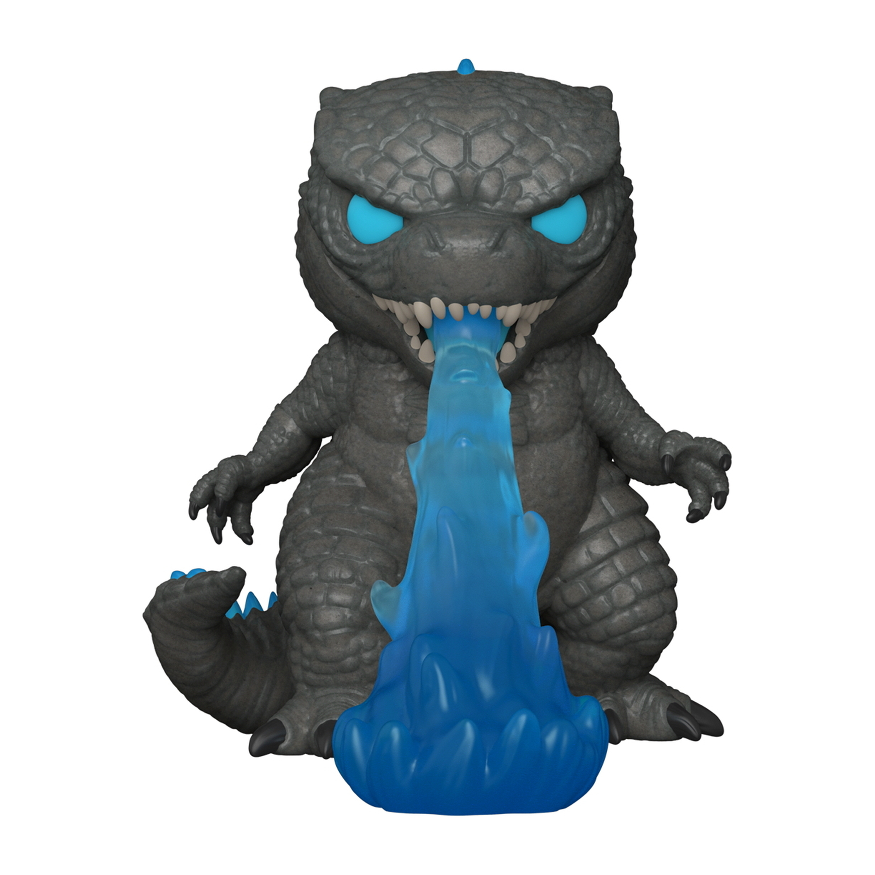 Godzilla-Spielzeugfigur, grau mit blauem Flammenatem. Augen und Rückflossen sind blau.