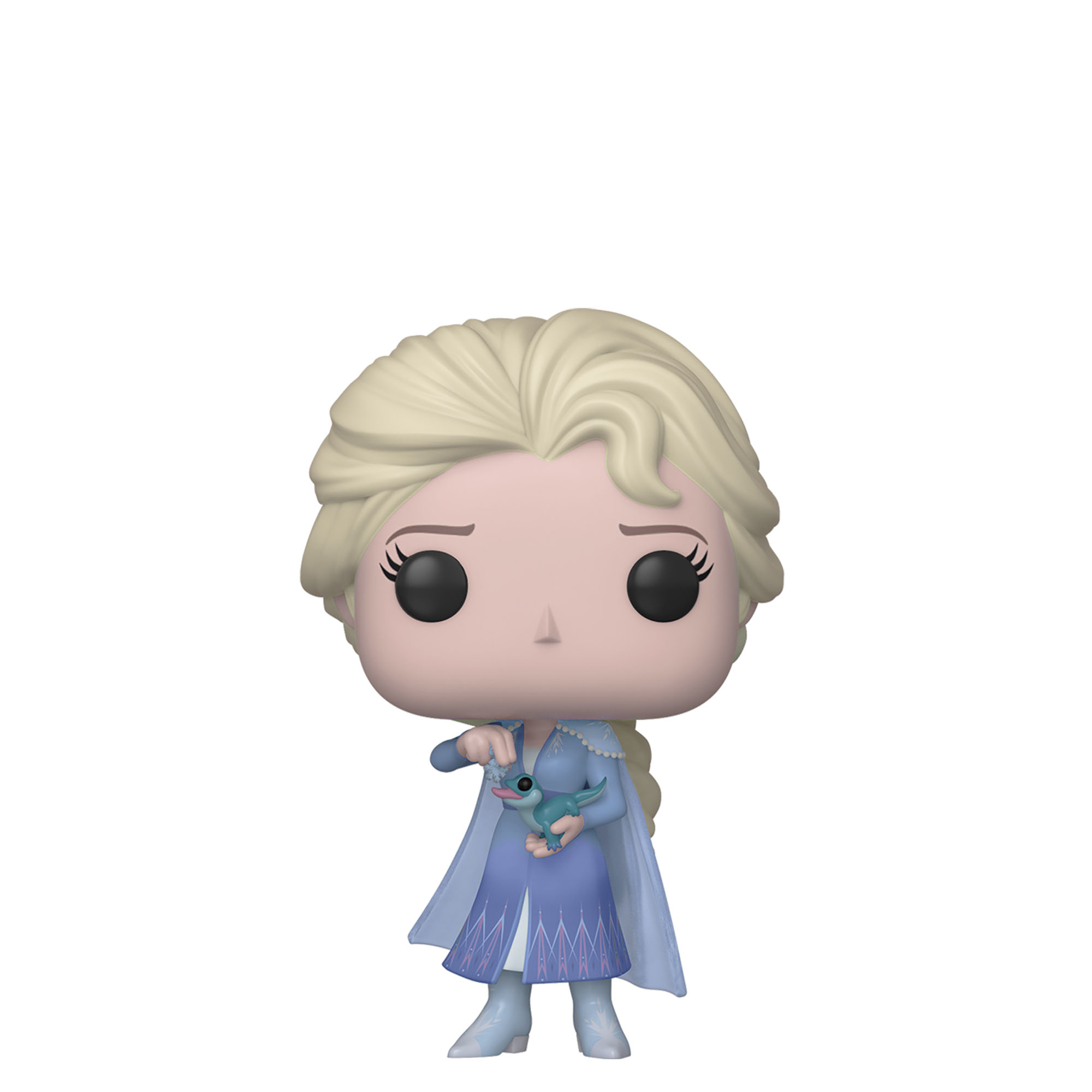 Eine Funko Pop Figur von Elsa aus Frozen. Sie hält eine kleine blaue Eidechse.