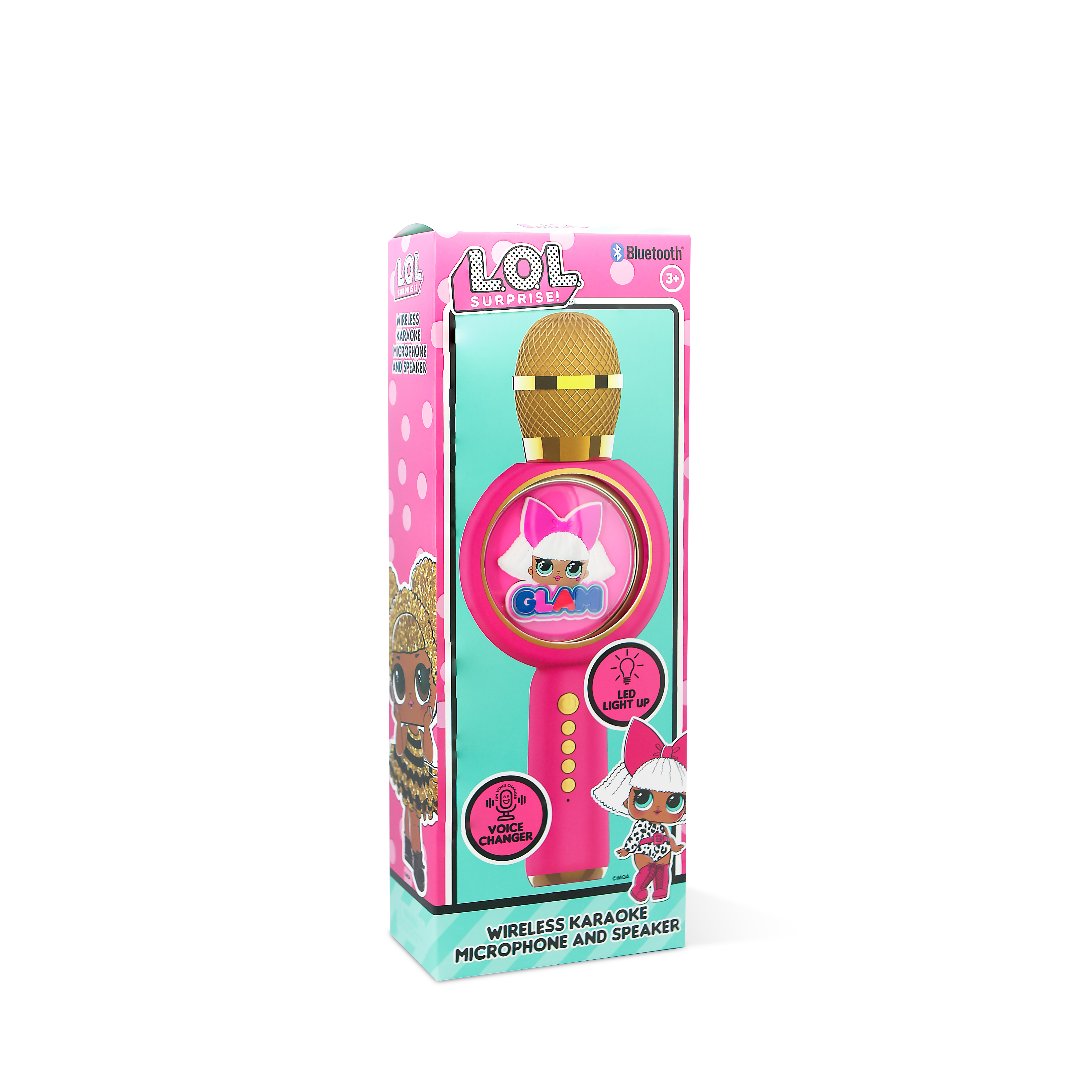 A pink LOL Surprise karaoke microphone and speaker box. It has a gold microphone and is for ages 3+.