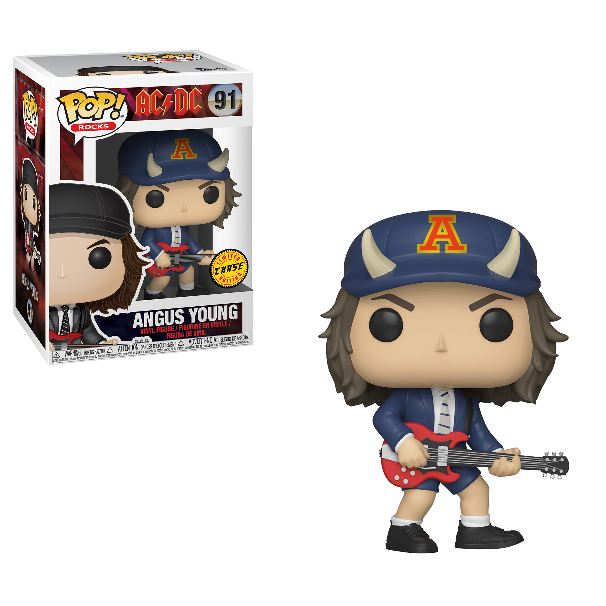 Figurina di Angus Young, musicista rock, che suona una chitarra rossa.