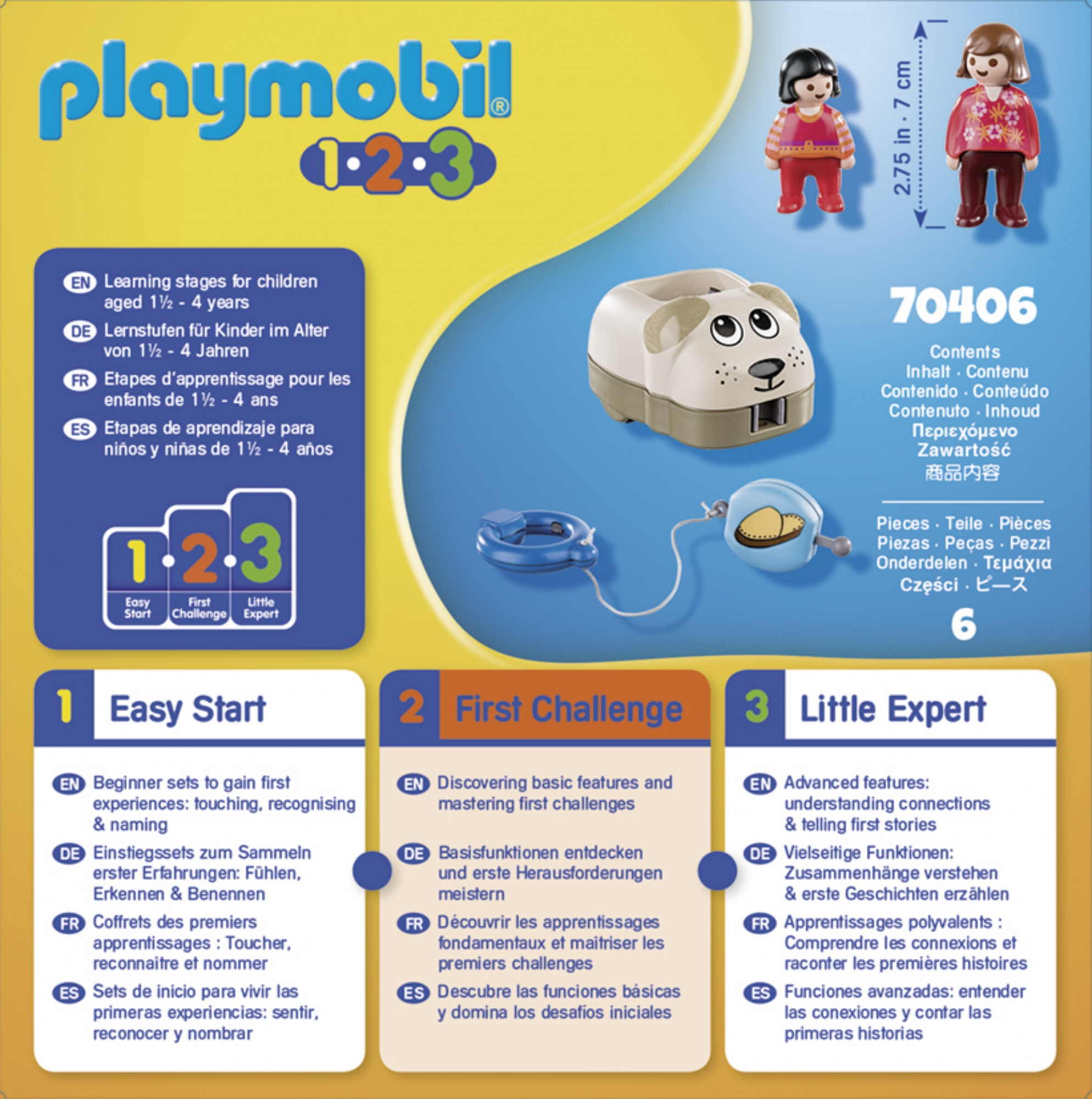 Playmobil 1.2.3 Set-Box. Zeigt Inhalt und Stufen: Easy Start, First Challenge, Little Expert.